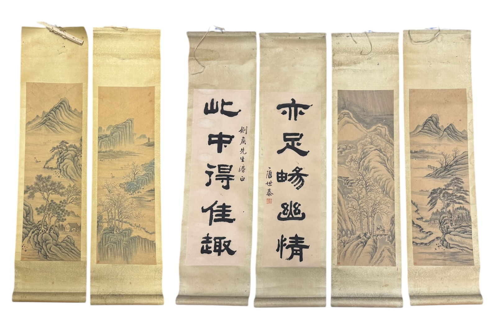 A Set of Six Chinese Hanging Scrolls: A Set of Six Chinese Hanging ScrollsA Set of Six Chinese Hanging Scrolls, including four landscape paintings and two calligraphy panels. H: 35 inches W:9 inches