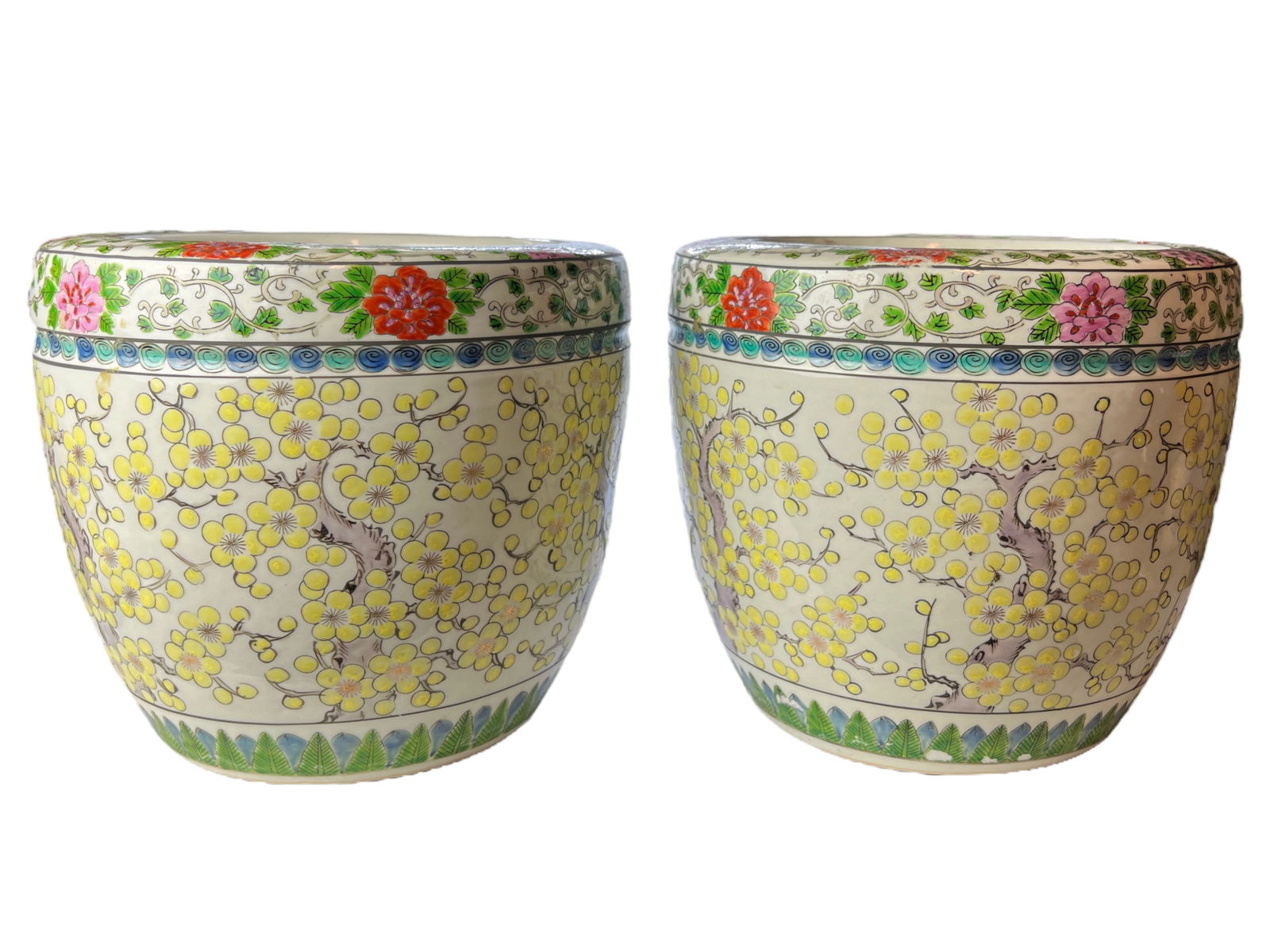 Pair of Chinese Yellow-ground Famille Rose Plant: Pair of Chinese Yellow-ground Famille Rose PlantH: 8 1/2 in. (21.59cm) w. 9 3/4 in. (24.75cm)