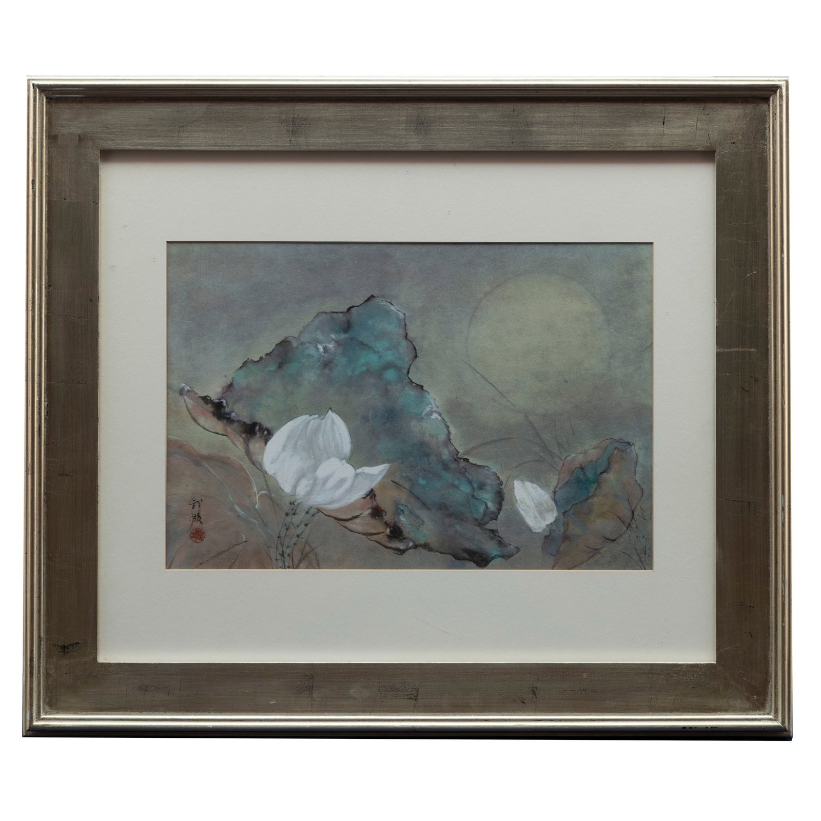 Framed Asian Watercolor Painting of Lotus Flowers: Framed Asian Watercolor Painting of Lotus FlowersFramed Asian Watercolor Painting of Lotus Flowers and Rock with Moonlight H:25 1/2 inches W: 29 1/2 inches