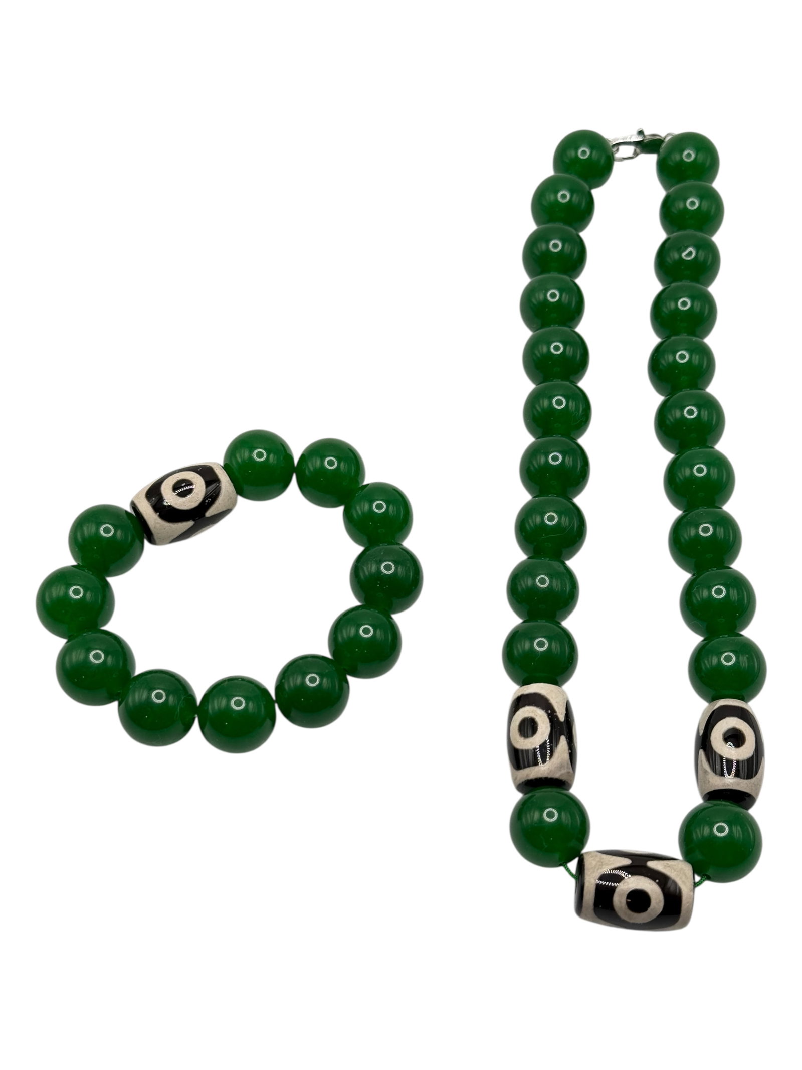 Green Stone Bead Necklace and Bracelet Set with Dz: Green Stone Bead Necklace and Bracelet Set with DzGreen Stone Bead Necklace and Bracelet Set with Dzi Beads Necklace:8 inches Bracelet: 3 inches