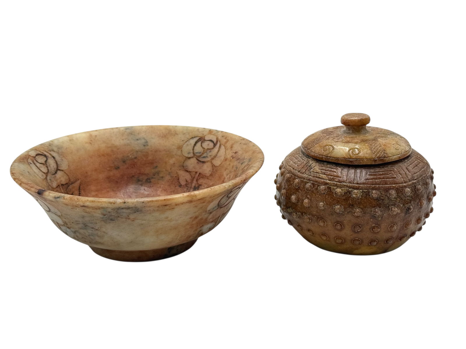 Two Nephrite Stone Carved Bowl and Pot: Two Nephrite Stone Carved Bowl and PotH : 2 1/8 in ( 5.4 cm ) W ; 5 7/8 in ( 14.92 cm )