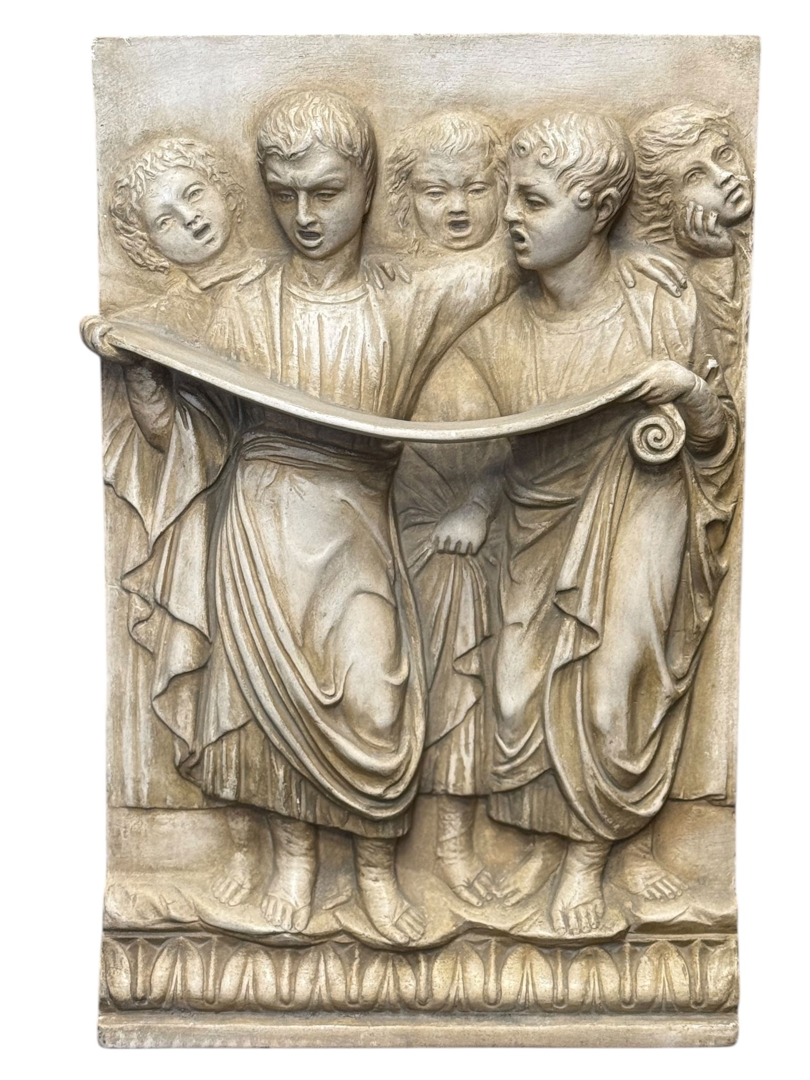 A European Relief Panel: A European Relief PanelCarved with a group of figures reading from a scroll, the lower edge with a stylized leaf border. H: 20 inches W: 12 inchesD: 1 1/2 inches