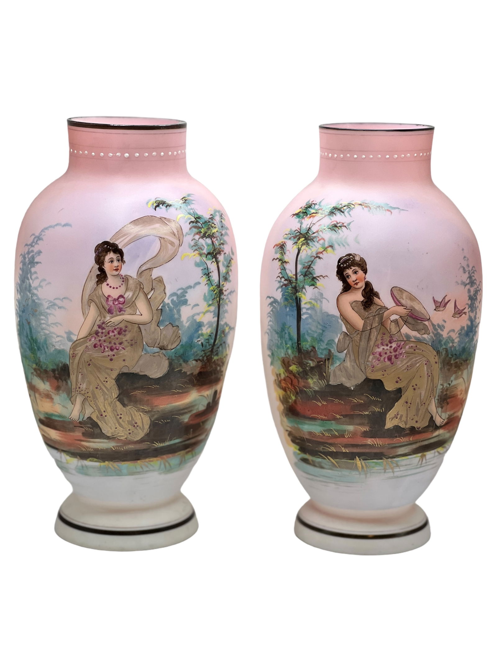 Pair Rose Bristol Vase With Hand Painted Vases (1 of 5)