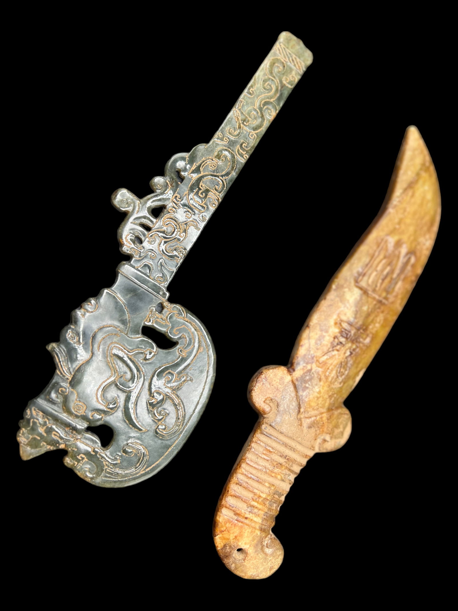 Two Jade Nephrite Stone Swords - 9