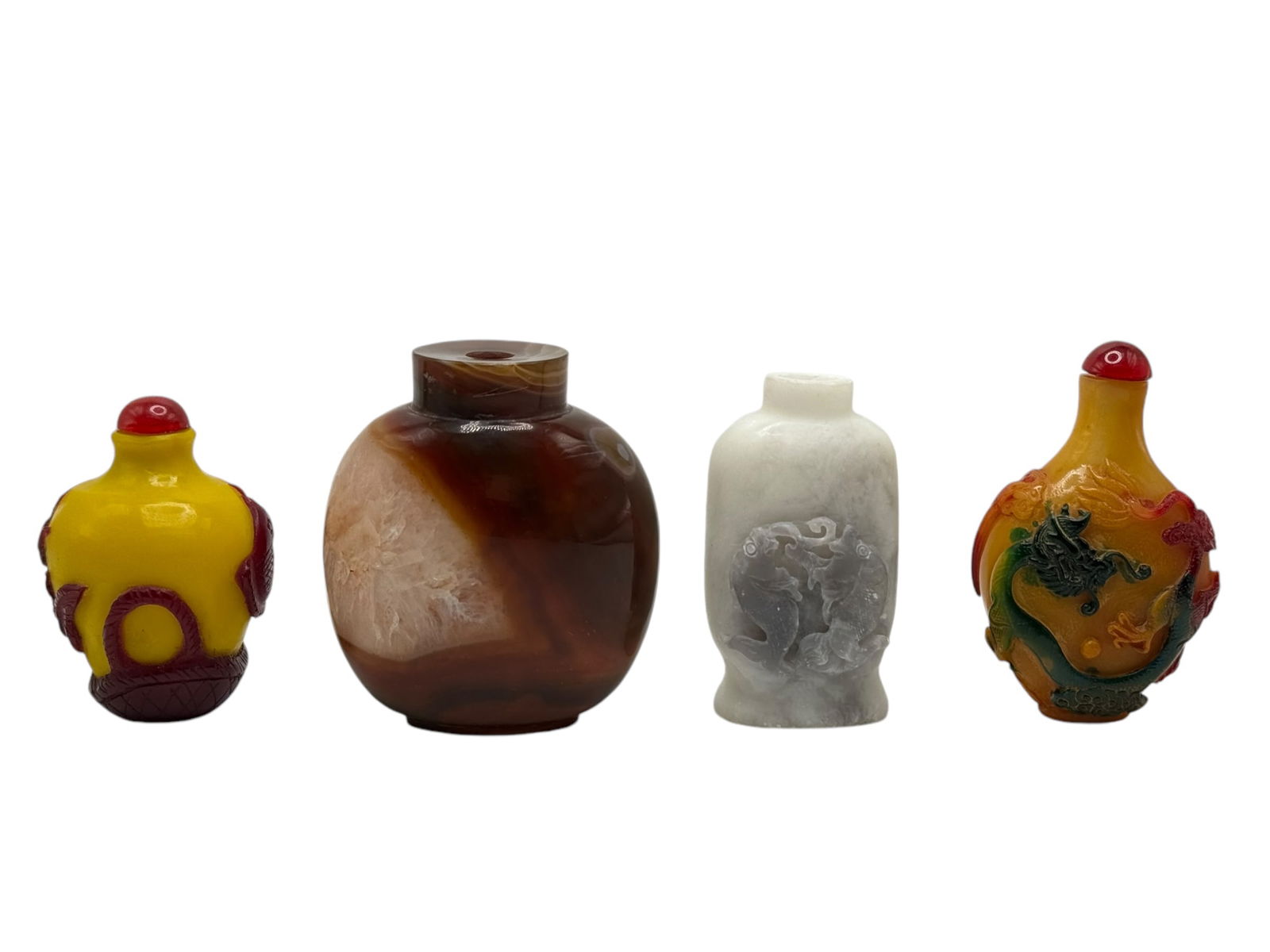 Group of 4 Sunff Bottle, Peking Glass, Stone: Group of 4 Sunff Bottle, Peking Glass, StoneH : 2 3/4 in ( 6.96 cm ) W : 1 1/2 in ( 3.81 cm ) L : 2 1/2 in ( 6.35 cm )