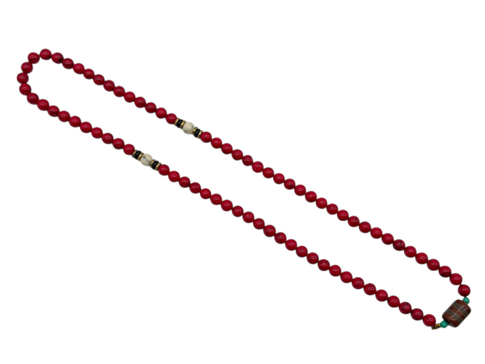 A String of Red Beads with Inset Metal Spacers: A String of Red Beads with Inset Metal SpacersL: 16 1//2 inches