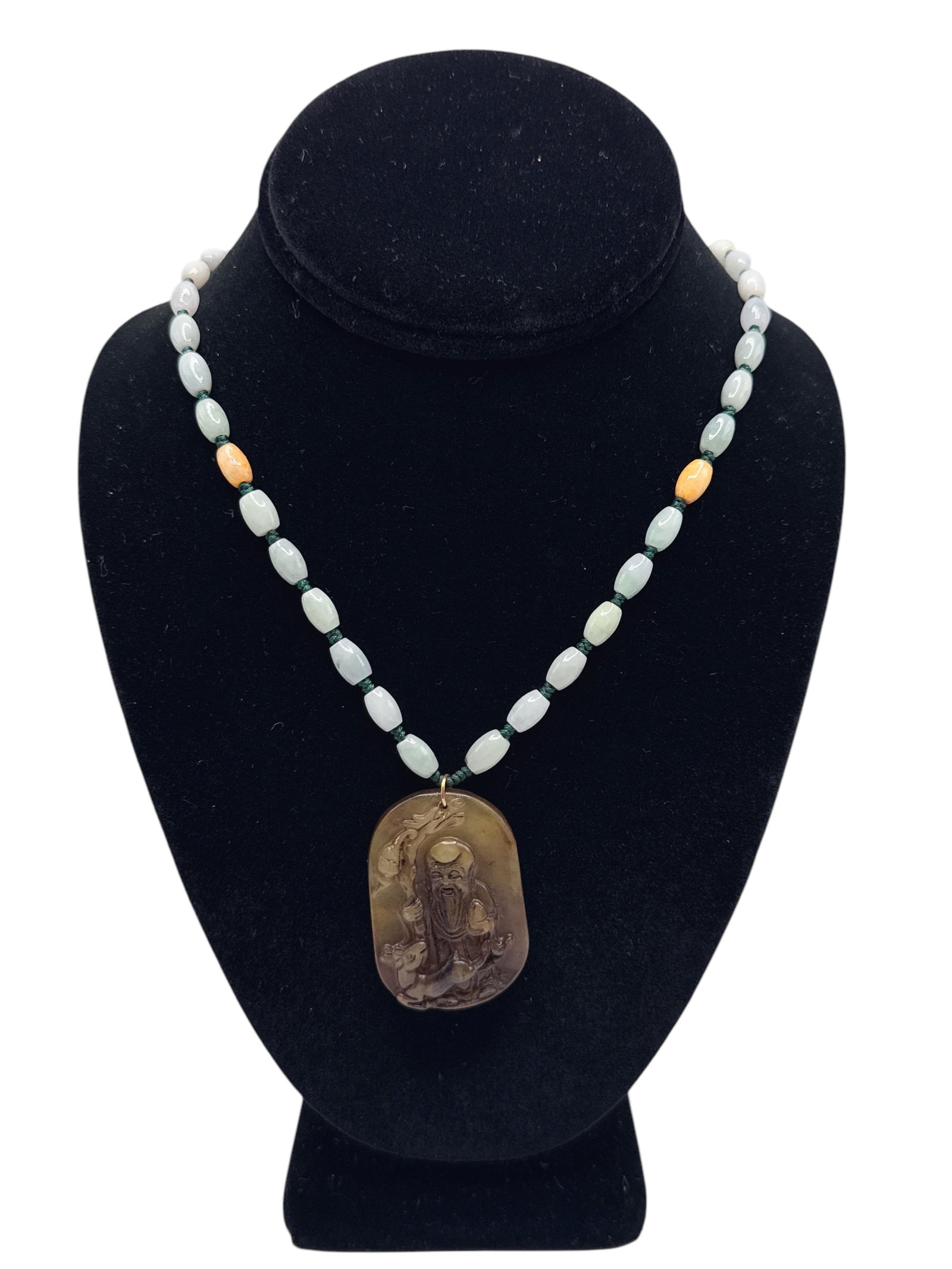 A Carved Stone "SHOU" Necklace, Jadeite Beads: A Carved Stone "SHOU" Necklace, Jadeite BeadsH : 12 1/4 in ( 31.12 cm )