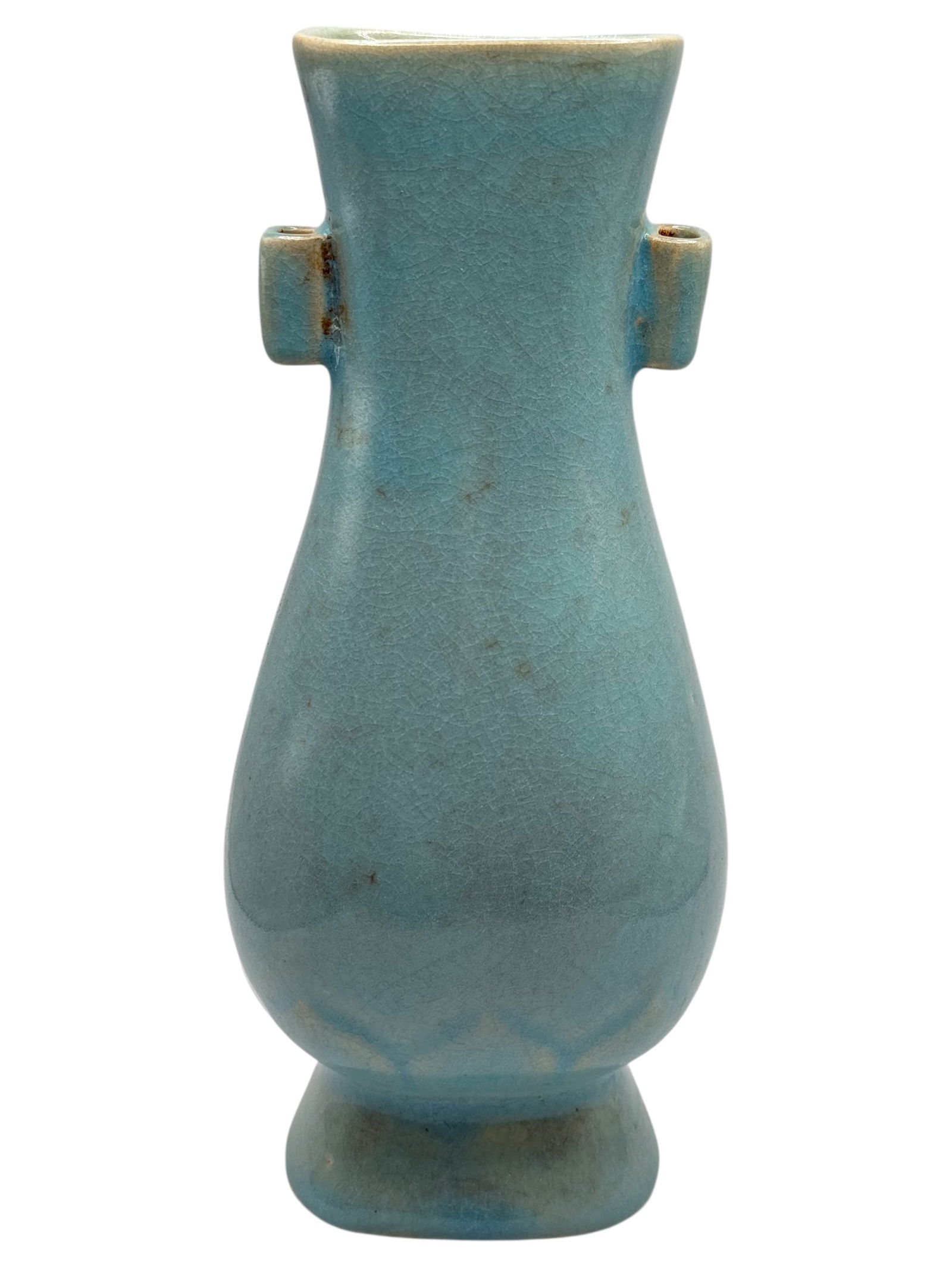 A Chinese Celadon-Glazed Vase ?: A Chinese Celadon-Glazed Vase ?Of pear form rising to a waisted neck, applied with small rectangular lug handles. H: 9 1/4 inches W: 4 inches