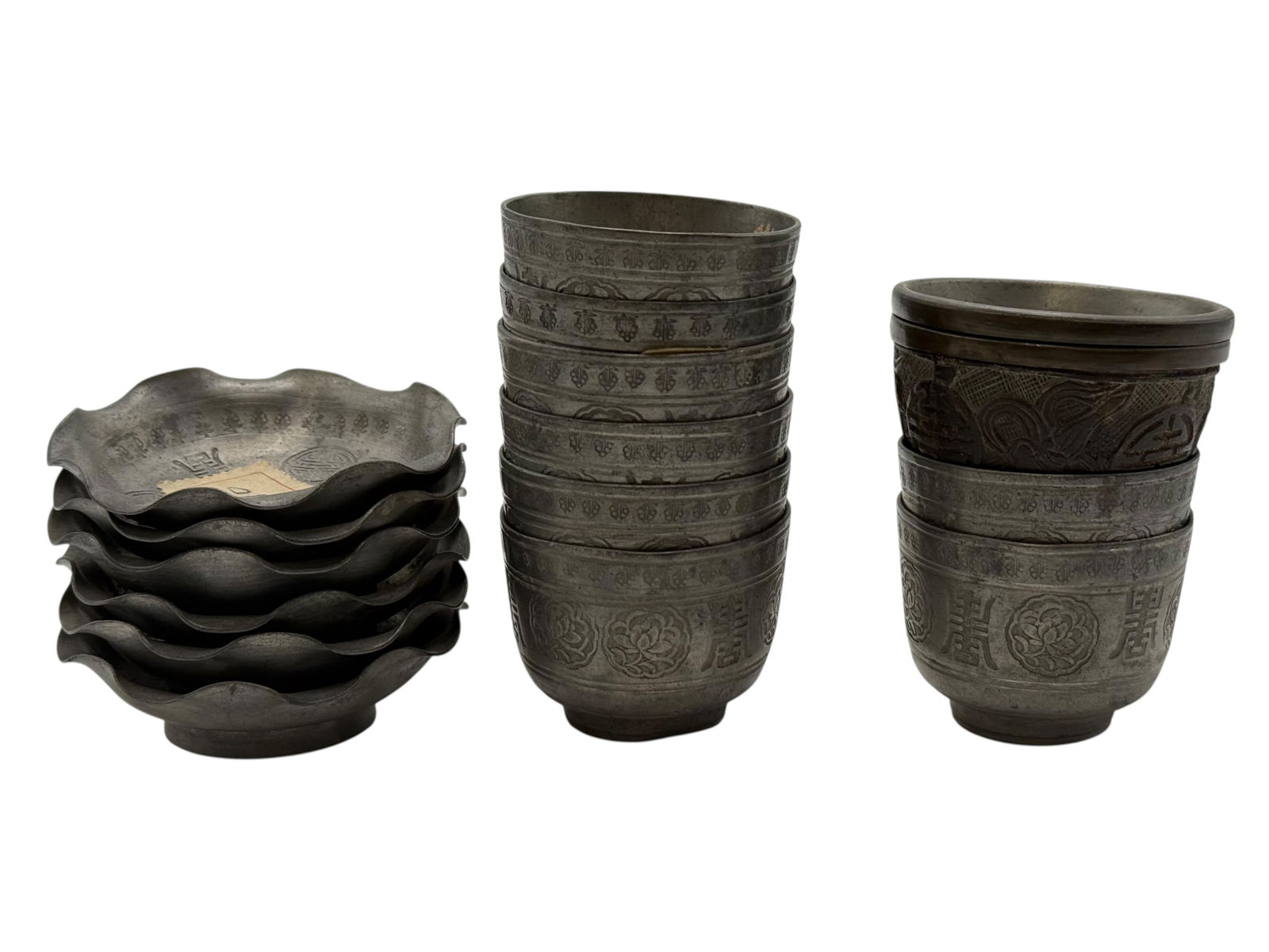 Set of Chinese Pewter Tea Bowls and Dishes with Lo (1 of 7)