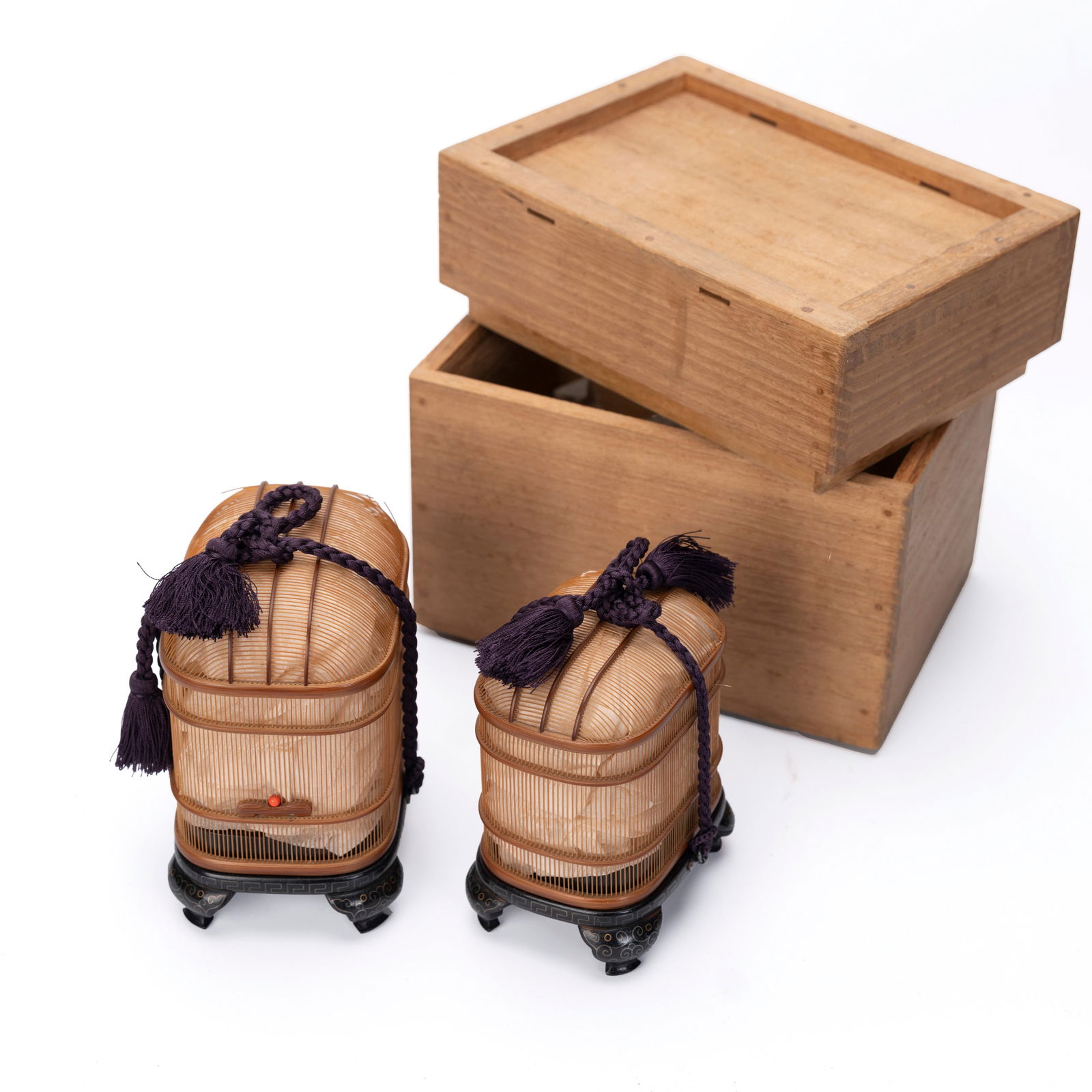 Bamboo Cricket-Cage Set in Orginal Wooden Box: Bamboo Cricket-Cage Set in Orginal Wooden BoxH:4 1/4 inches W: 3 1/2 inches D: 2 1/2 inches