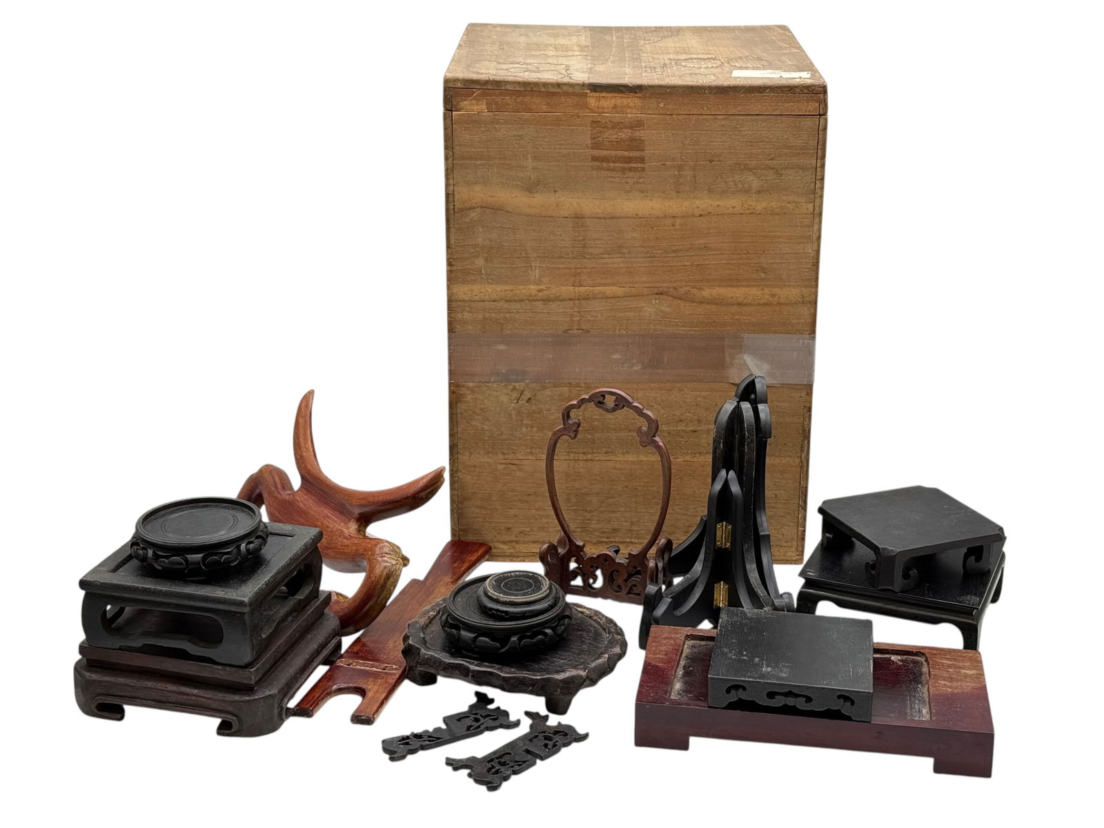 A Group of Antique Wooden Box and Wooden Stands: A Group of Antique Wooden Box and Wooden StandsThe Woodbox H: 19 inches W: 14 inches D: 14 inches