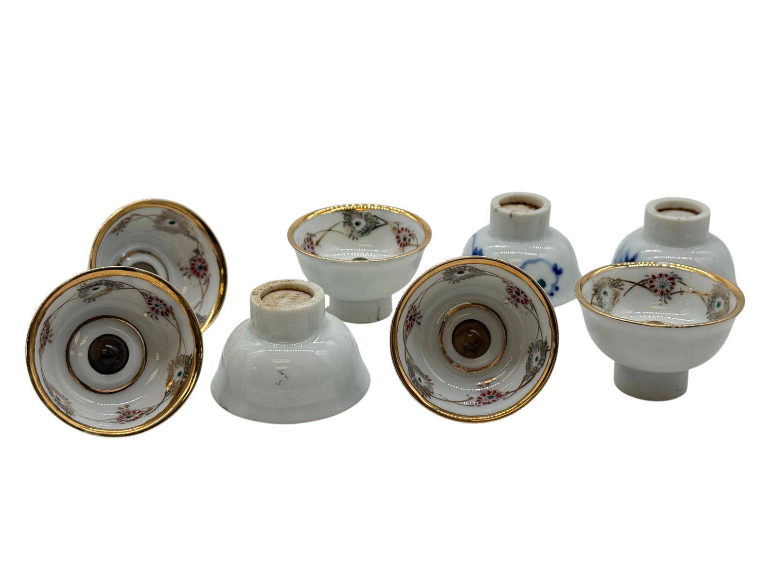 A Group of 8 Blue and White Stem Cups: A Group of 8 Blue and White Stem CupsH: 1 1/4 inches D: 2 inches