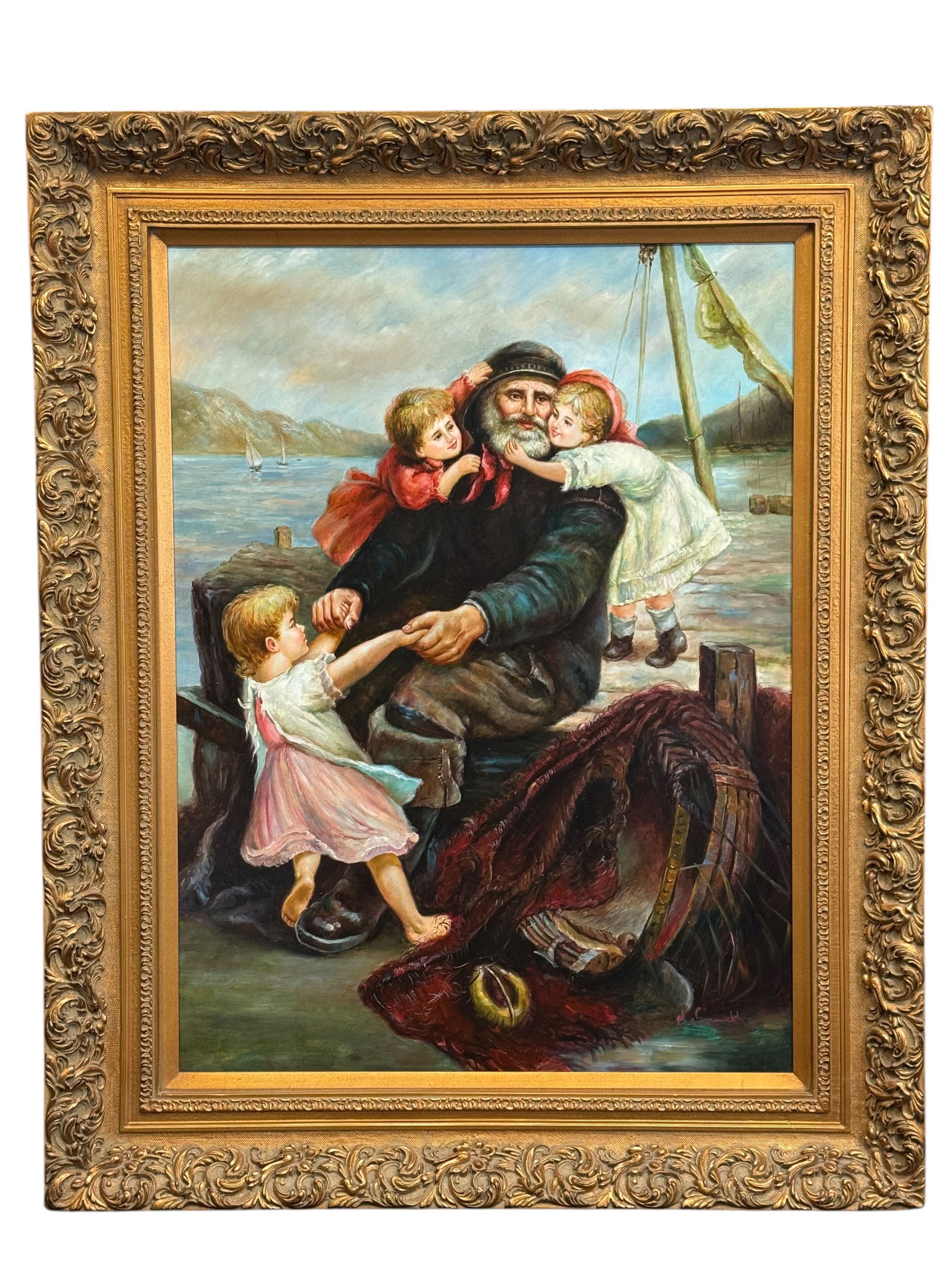 Framed Oil Painting 'The Fisherman with Children': Framed Oil Painting 'The Fisherman with Children'Framed Oil Painting 'The Fisherman with Children' Signed H: 52 inches W: 42 inches