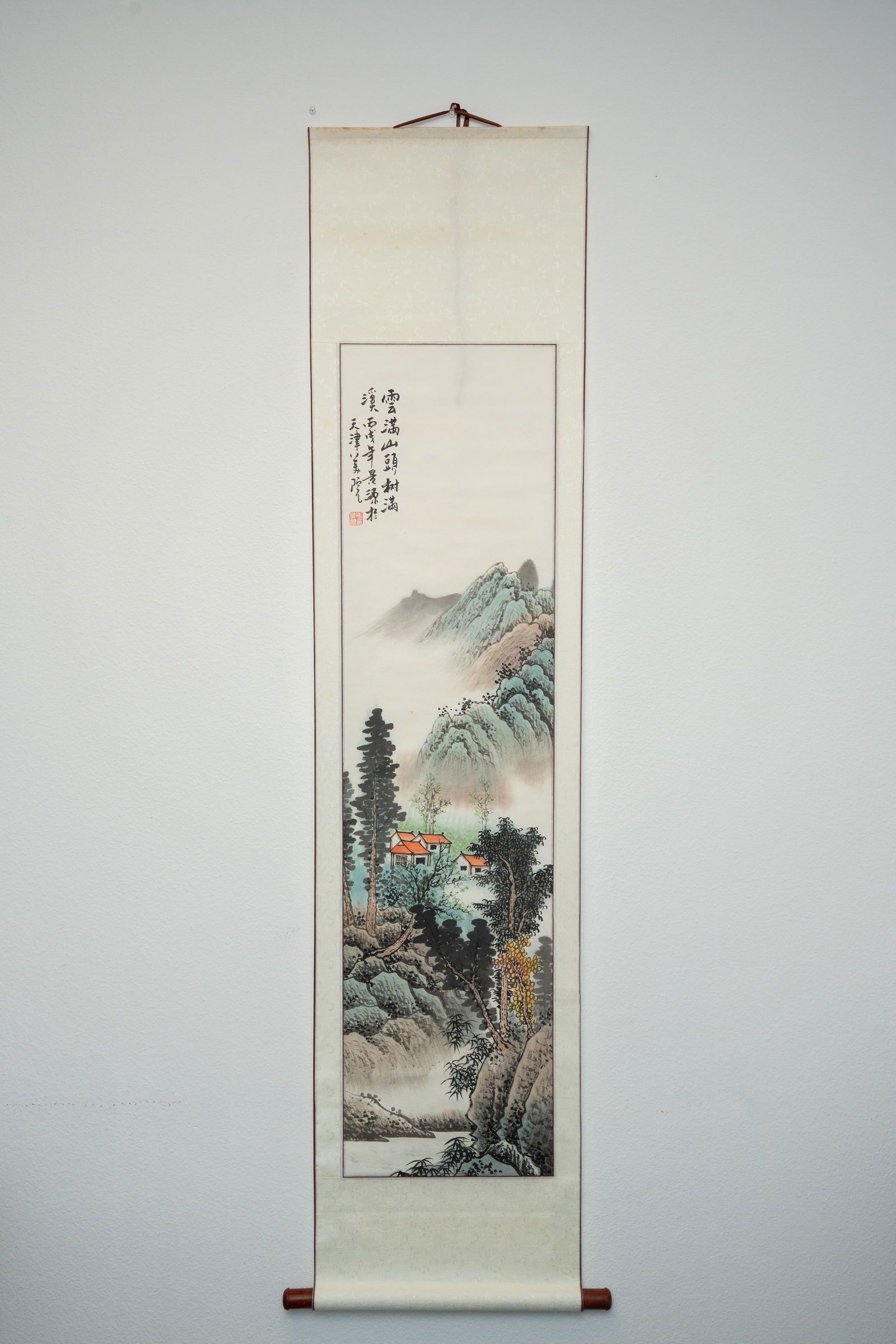 Chinese Hand-Painted Landscape Hanging Scroll with: Chinese Hand-Painted Landscape Hanging Scroll withChinese Hand-Painted Landscape Hanging Scroll with Calligraphy, Mountain and River Scene