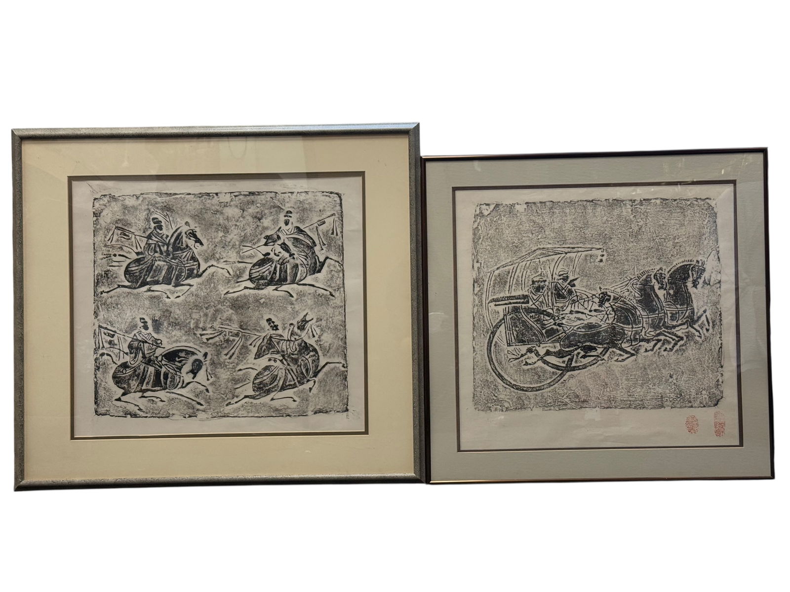 Pair of Framed Chinese Stone Rubbing Prints, Horse: Pair of Framed Chinese Stone Rubbing Prints, HorsePair of Framed Chinese Stone Rubbing Prints, Horse and Chariot Scenes H: 27 inches W: 30 inches