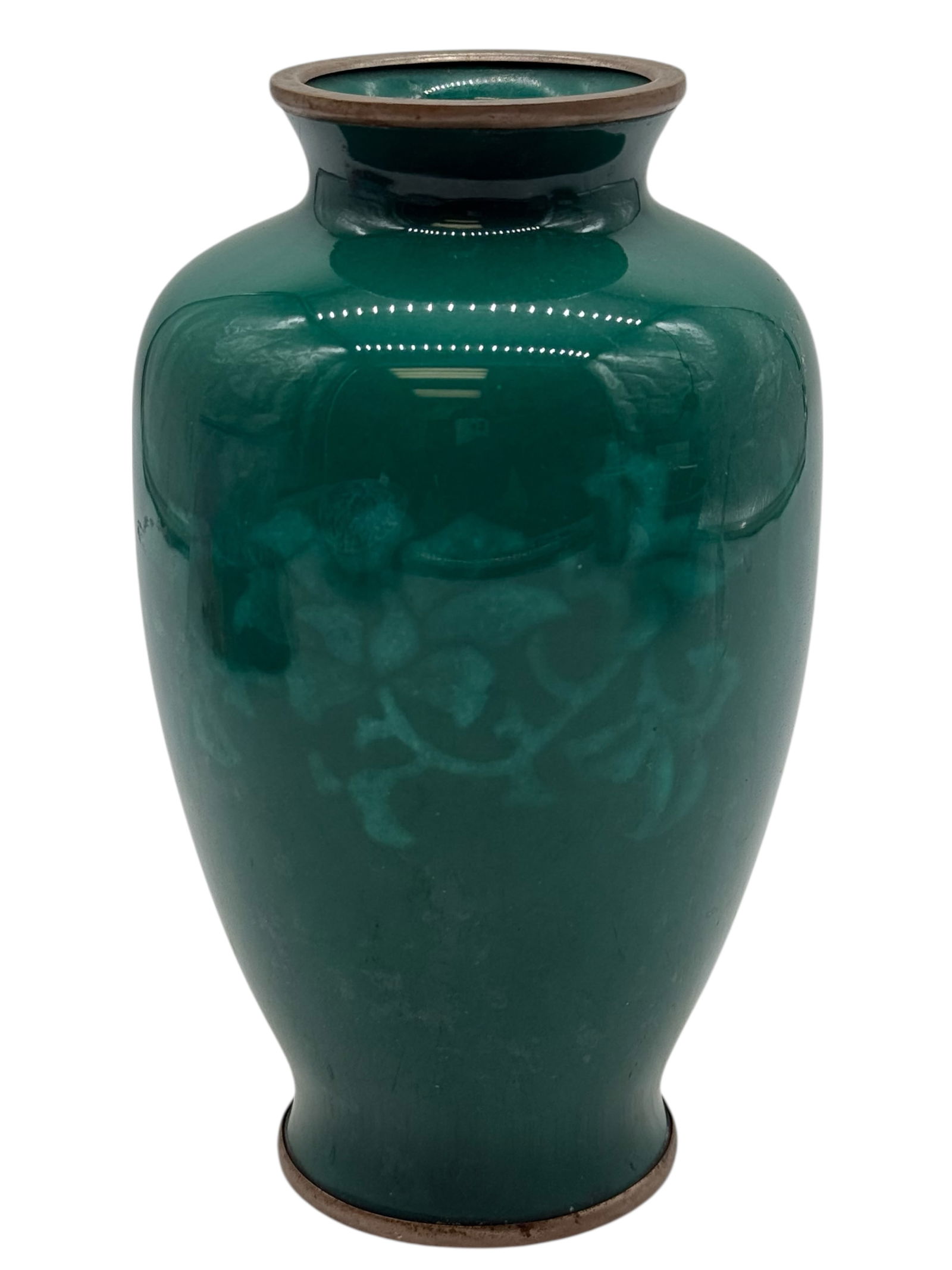 CLOISONNE GREEN ENAMEL WHITE FLORAL: CLOISONNE GREEN ENAMEL WHITE FLORALH: 7 1/2 inches D: 4 1/2 inches