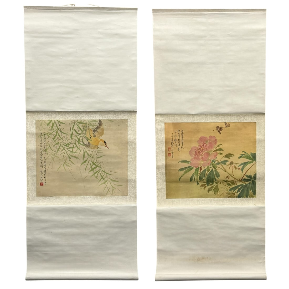 Pair of Chinese Hanging Scroll Paintings, Bird & F: Pair of Chinese Hanging Scroll Paintings, Bird & FPair of Chinese Hanging Scroll Paintings, Bird & Flower Subjects Framed: H: 45 inches W: 19 inches Image: H: 13 inches W: 19 1/2 inches