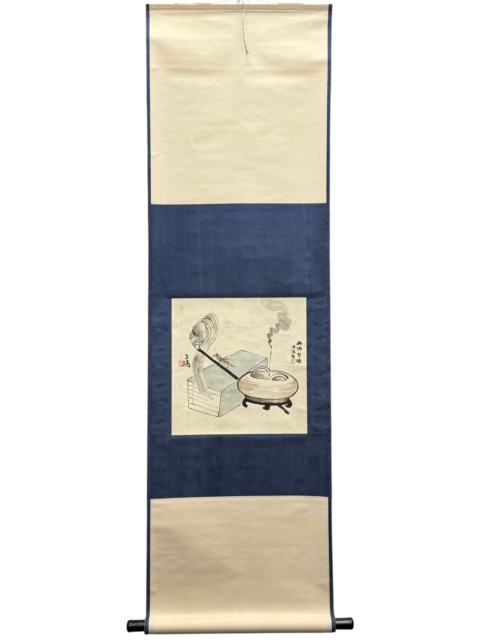 Chinese Hanging Scroll Ink Painting of Scholar’s S: Chinese Hanging Scroll Ink Painting of Scholar’s SChinese Hanging Scroll Ink Painting of Scholar’s Studio with Incense Burner H: 59 inches W: 17 inches
