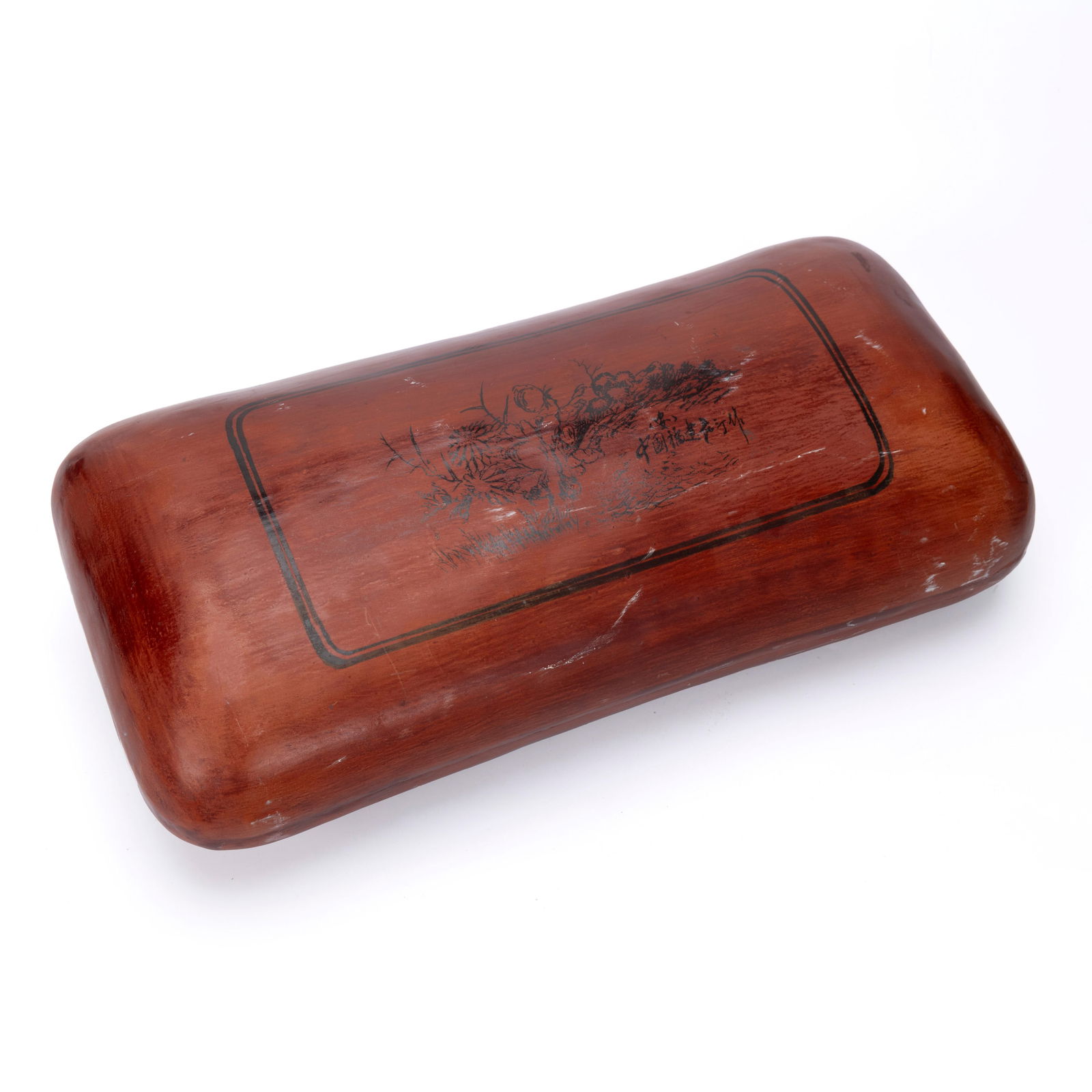 Chinese Lacquered Pillow: Chinese Lacquered PillowH: 5 inches L: 16 1/4 inches W: 8 inches