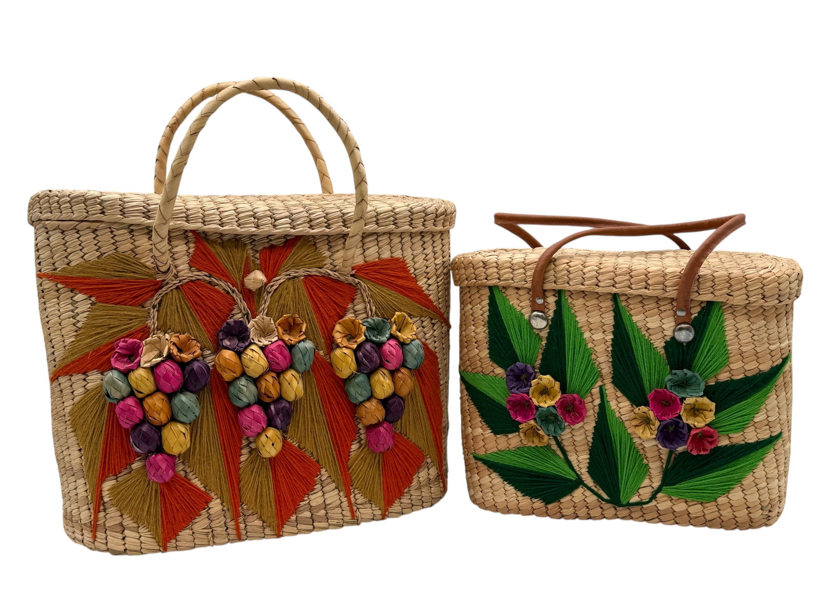 Pair of Vintage Woven Straw Handbags with Floral D: Pair of Vintage Woven Straw Handbags with Floral DH: 13 inches W: 16 1/2 inches