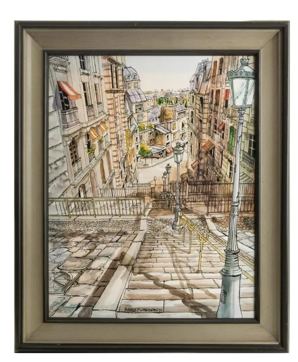 FRAMED ART OF CITY STREET STAIRWAY: FRAMED ART OF CITY STREET STAIRWAYFramed art of city streets and stairway. H:25in(63.5cm) W:20.5in(52.7cm)