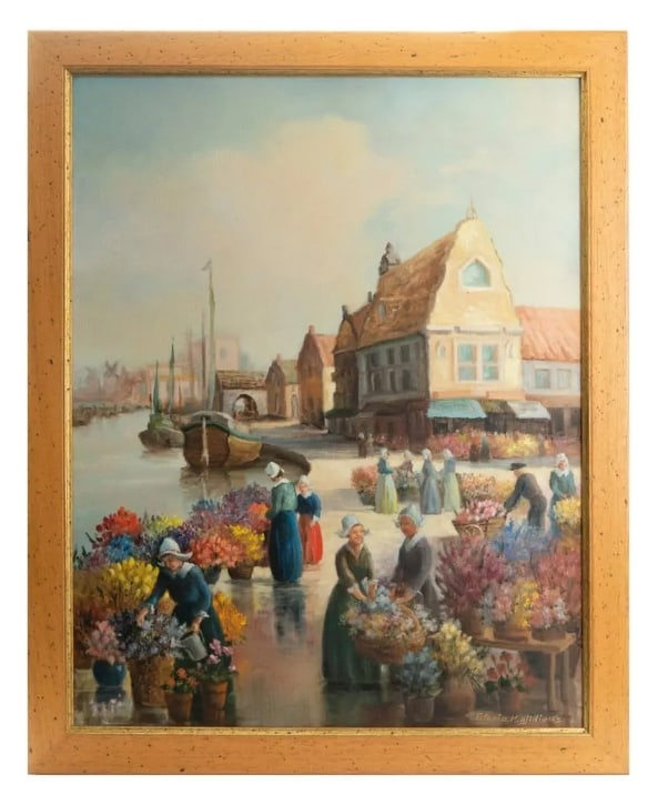 GLORIA K WILLIAMS (CA,20C) OIL PAINTING ANTIQUE: GLORIA K WILLIAMS (CA,20C) OIL PAINTING ANTIQUEFramed oil on canvas by Gloria K Williams. Dutch town with Tulips. H:31.5in(80cm) W:25.5in(64.7cm)
