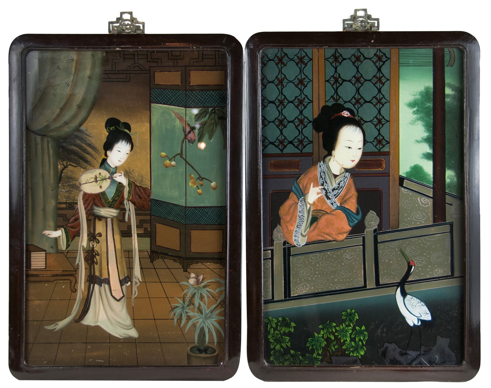PAIR OF REVERSE PAINTED LADIES: PAIR OF REVERSE PAINTED LADIESThis pair of framed painting both a well dressed lady, showcasing the reverse painting technique on glass. H:22in(55.9cm) W:14in(35.6cm)
