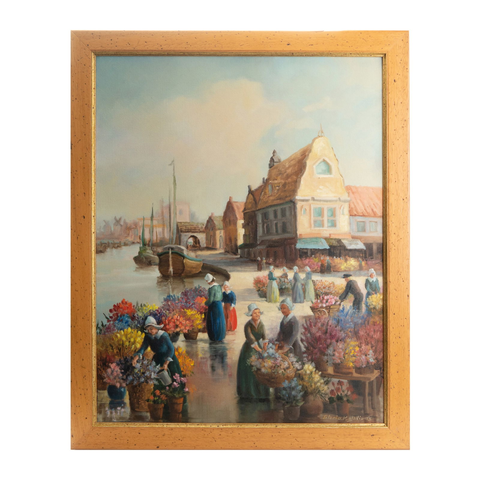 GLORIA K WILLIAMS (CA,20C) OIL PAINTING ANTIQUE: GLORIA K WILLIAMS (CA,20C) OIL PAINTING ANTIQUEFramed oil on canvas by Gloria K Williams. Dutch town with Tulips. H:31.5in(80cm) W:25.5in(64.7cm)