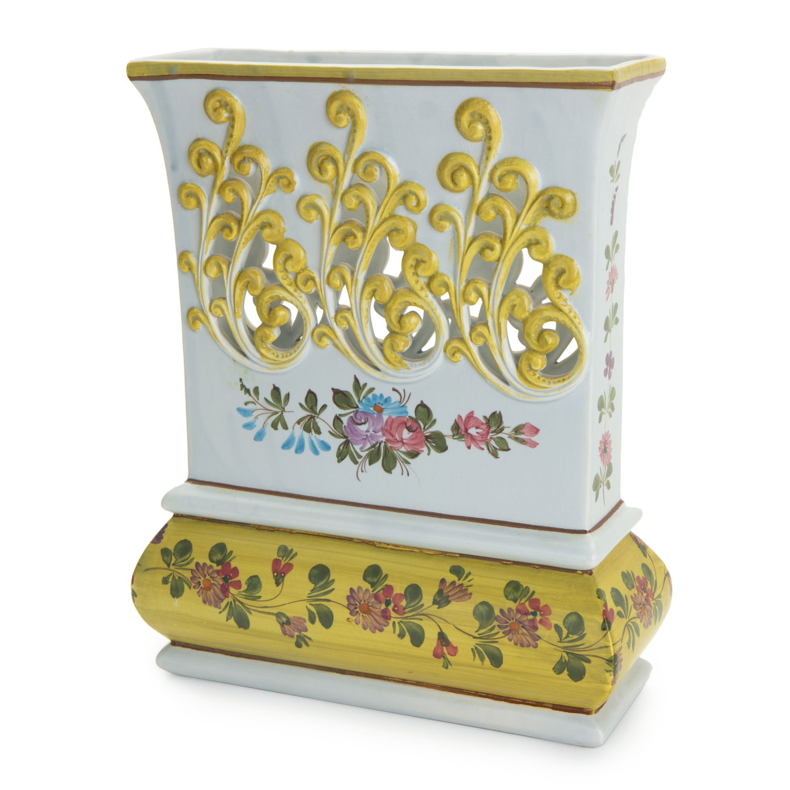 OPENWORK PORCELAIN RECTANGULAR VASE: OPENWORK PORCELAIN RECTANGULAR VASEOpenwork porcelain rectangular vase. H:11.25in(28.5cm) W:8.5in(21.5cm)