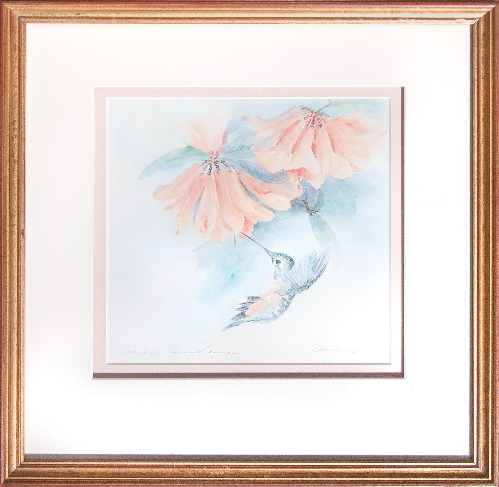 FRAMED WATERCOLOR LITHO "JEANNE BONINE": FRAMED WATERCOLOR LITHO "JEANNE BONINE"A framed watercolor litho of a hummingbird collecting nectar, signed in pencil and numbered at 481/2500 H:15in(38cm) W:14in(35.6cm)