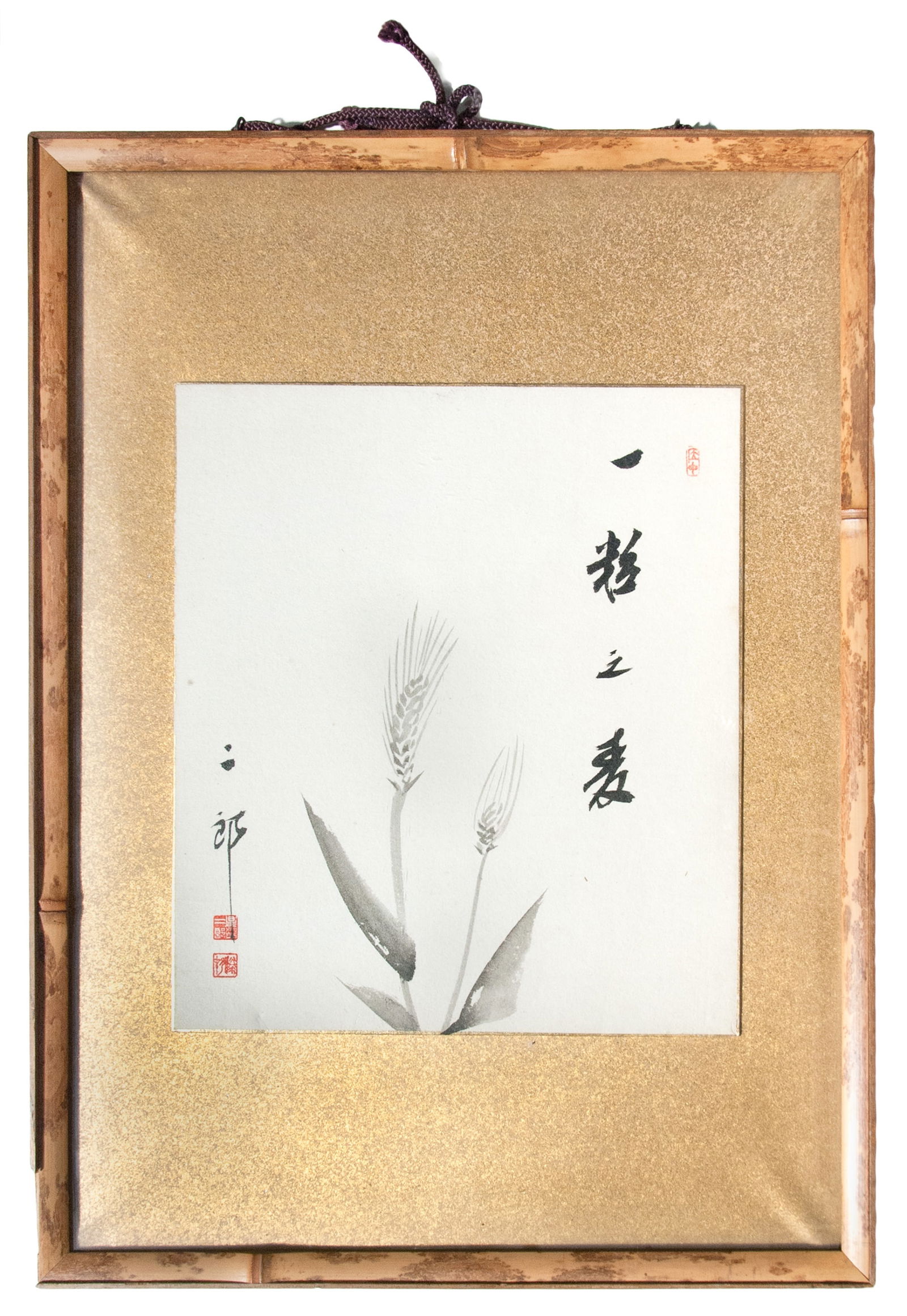 FRAMED JAPANESE PAINTING BY ER LANG: FRAMED JAPANESE PAINTING BY ER LANGAn ink on paper painting of wheat, signed by Er Lang and mounted on a gold maki-e background within a bamboo frame.