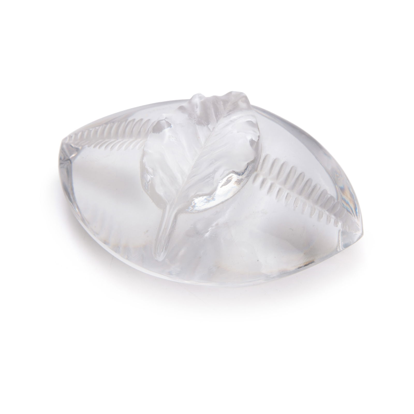 Lalique Leaf Paper Weight: Lalique Leaf Paper WeightH: 1 1/2 inches (3.8 cm) W: 4 1/4 inches (10.7 cm)
