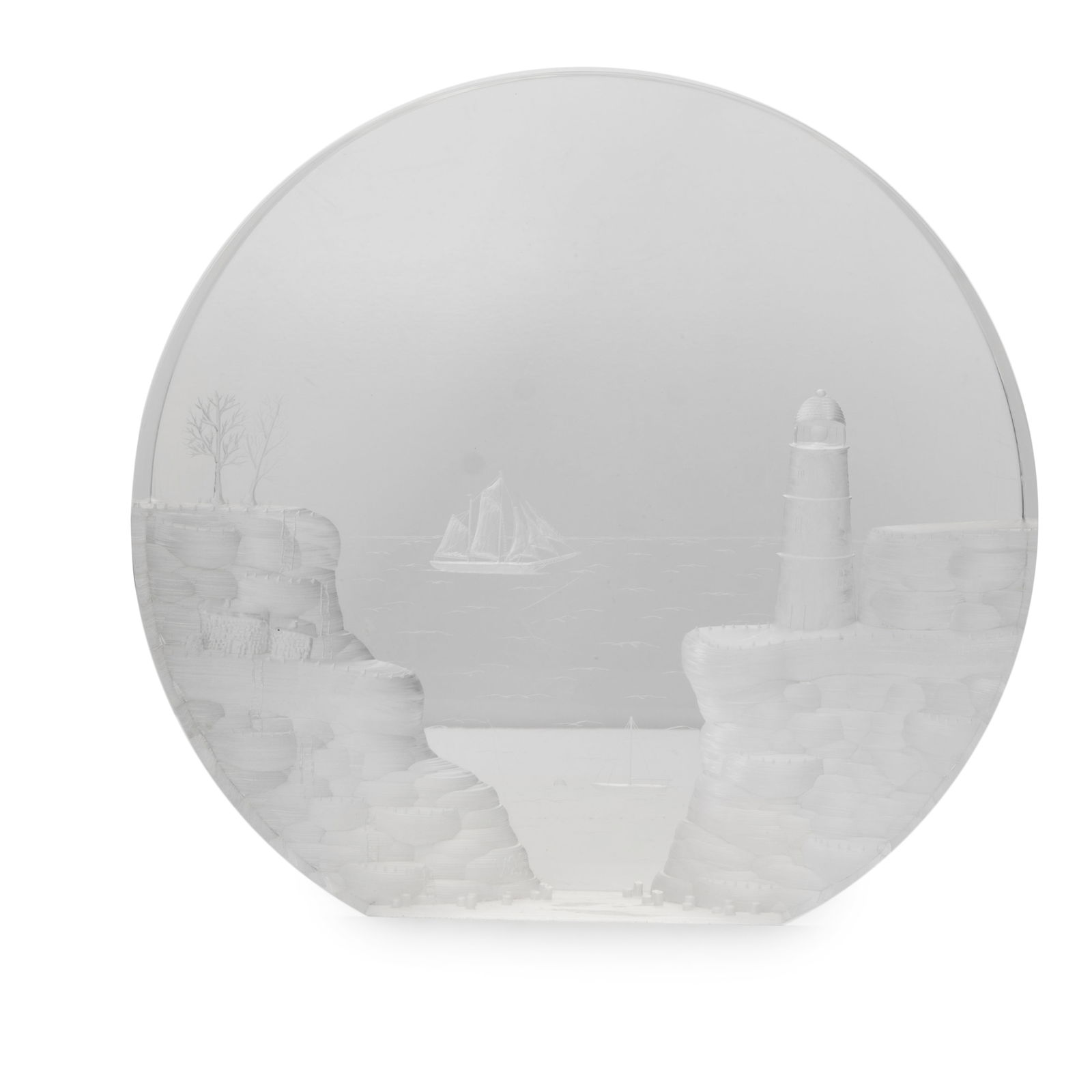 Plexyglass Lighthouse Art: Plexyglass Lighthouse ArtH: 8 inches D: 8 1/2 inches