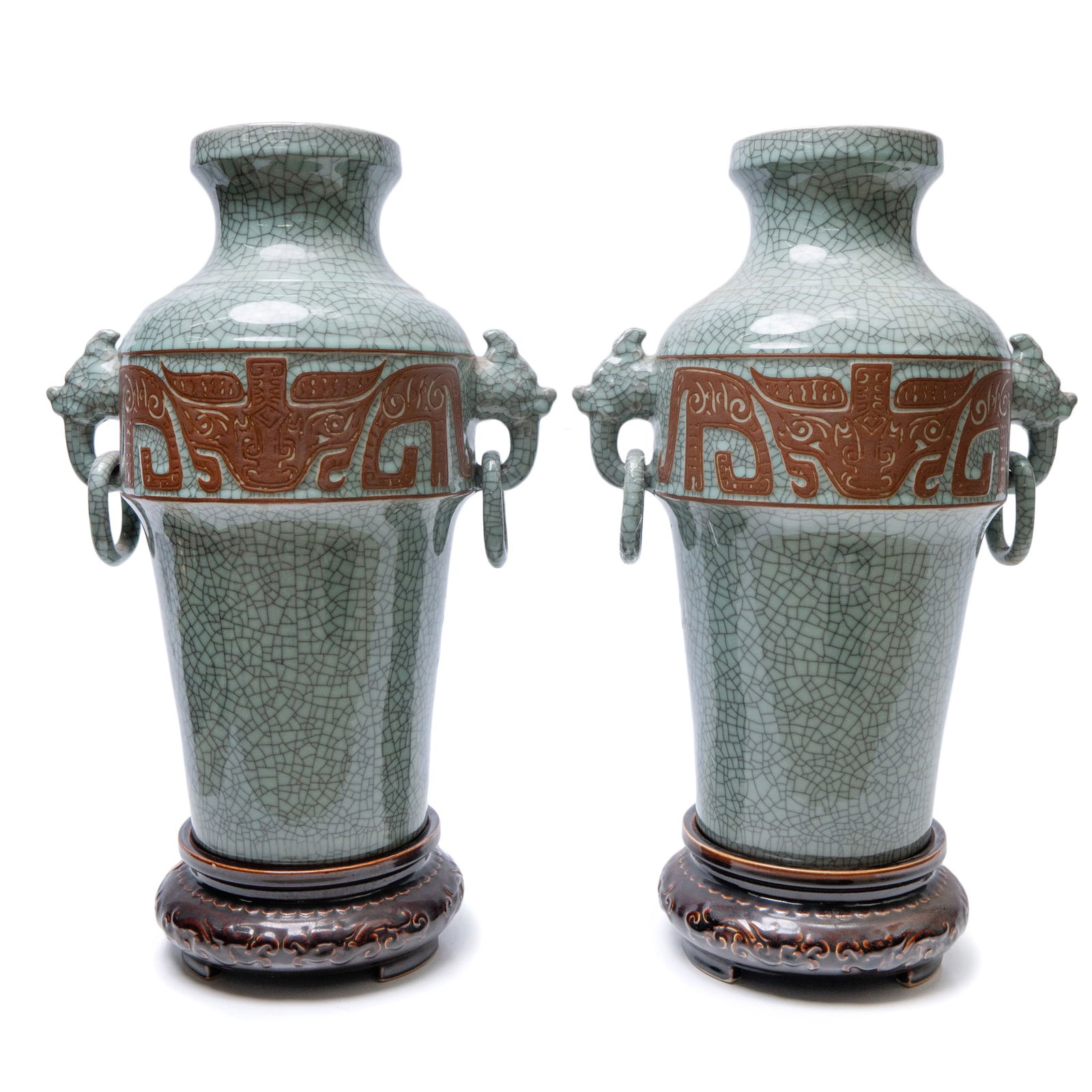 Pair Of Chinese GE-Type Ring Handled Vases: Pair Of Chinese GE-Type Ring Handled VasesH: 20 in. ( 50.8 cm ) W : 14 in. ( 35.56 cm )