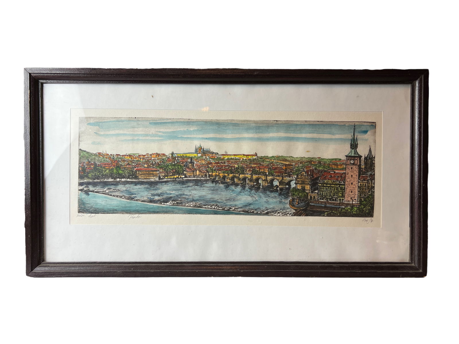 Prague Etching Hand Colored Signed Painting: Prague Etching Hand Colored Signed PaintingH : 22 1/4 in ( 56.51 cm ) W : 11 1/2 in ( 29.21 cm )