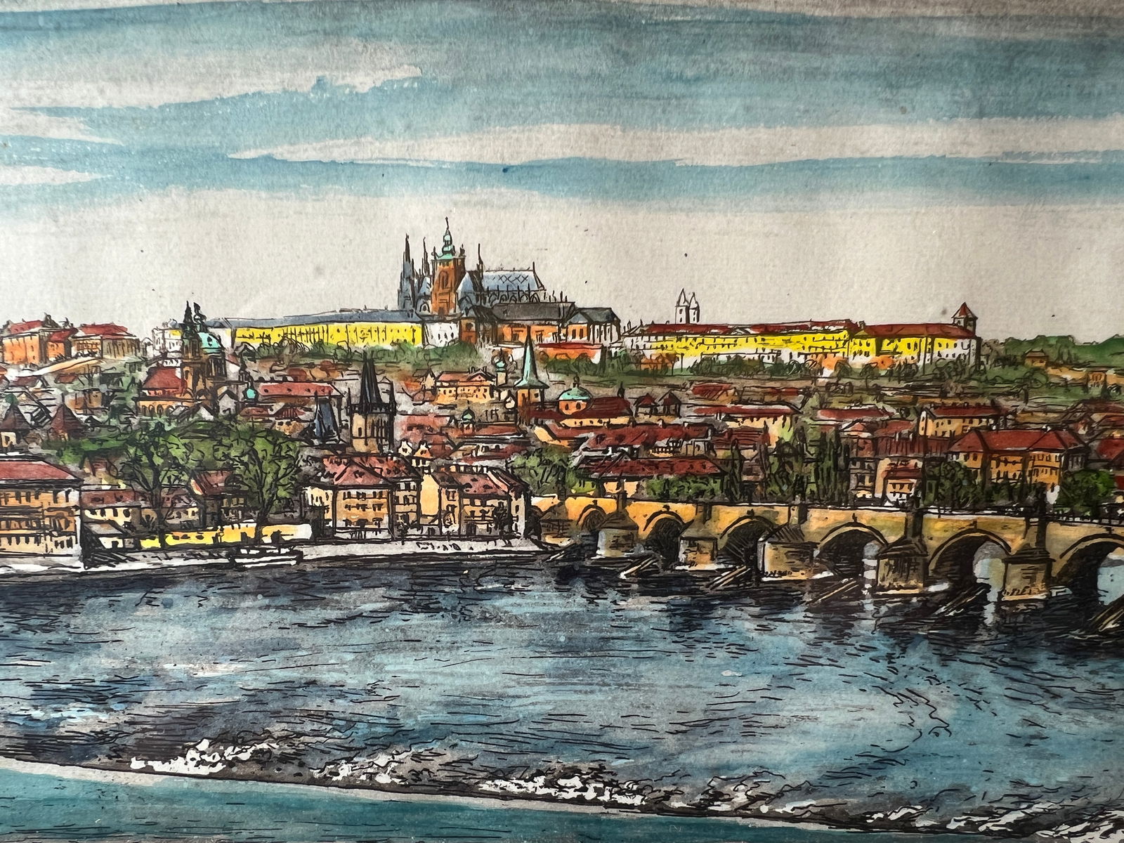 Prague Etching Hand Colored Signed Painting - 4