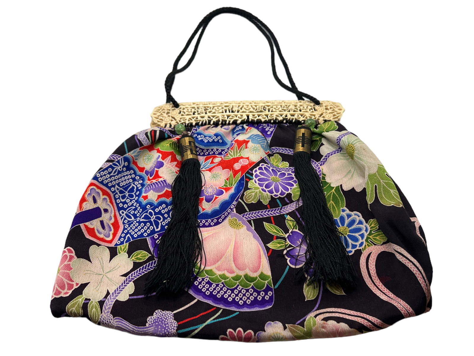 Chinese Floral Embroidered Bag With Bone Carvings: Chinese Floral Embroidered Bag With Bone CarvingsH : 17 3/4 in ( 45.09 cm ) W : 12 in ( 30.48 cm)