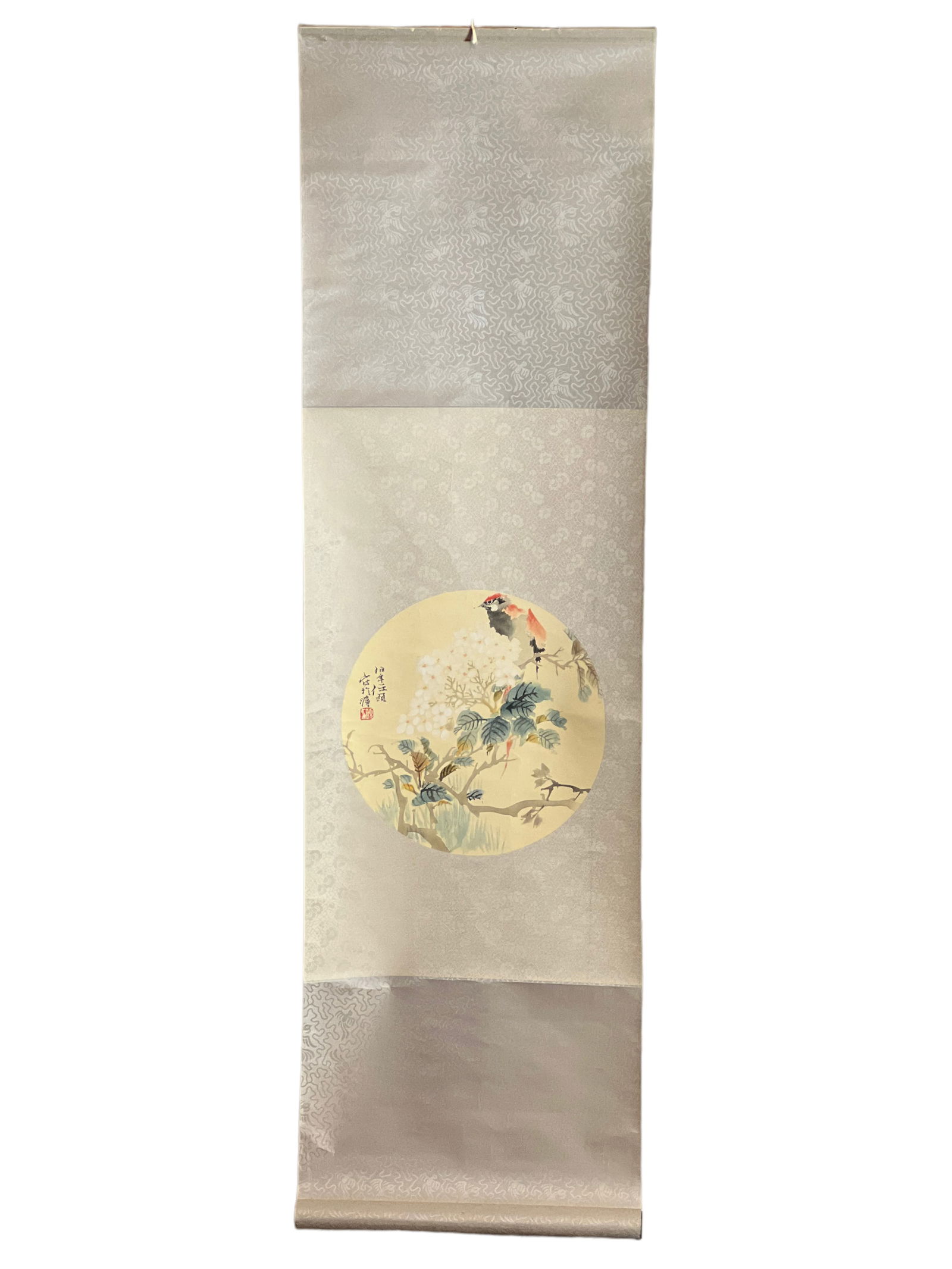 Chinese Painting Scroll, Bird, Signed: Chinese Painting Scroll, Bird, SignedThe Painting frame H : 48 1/2 in ( 123.19 cm ) W : 23 1/2 in ( 59.69 cm ) The Inside-painted : 14 1/4 in ( 36.2 cm )