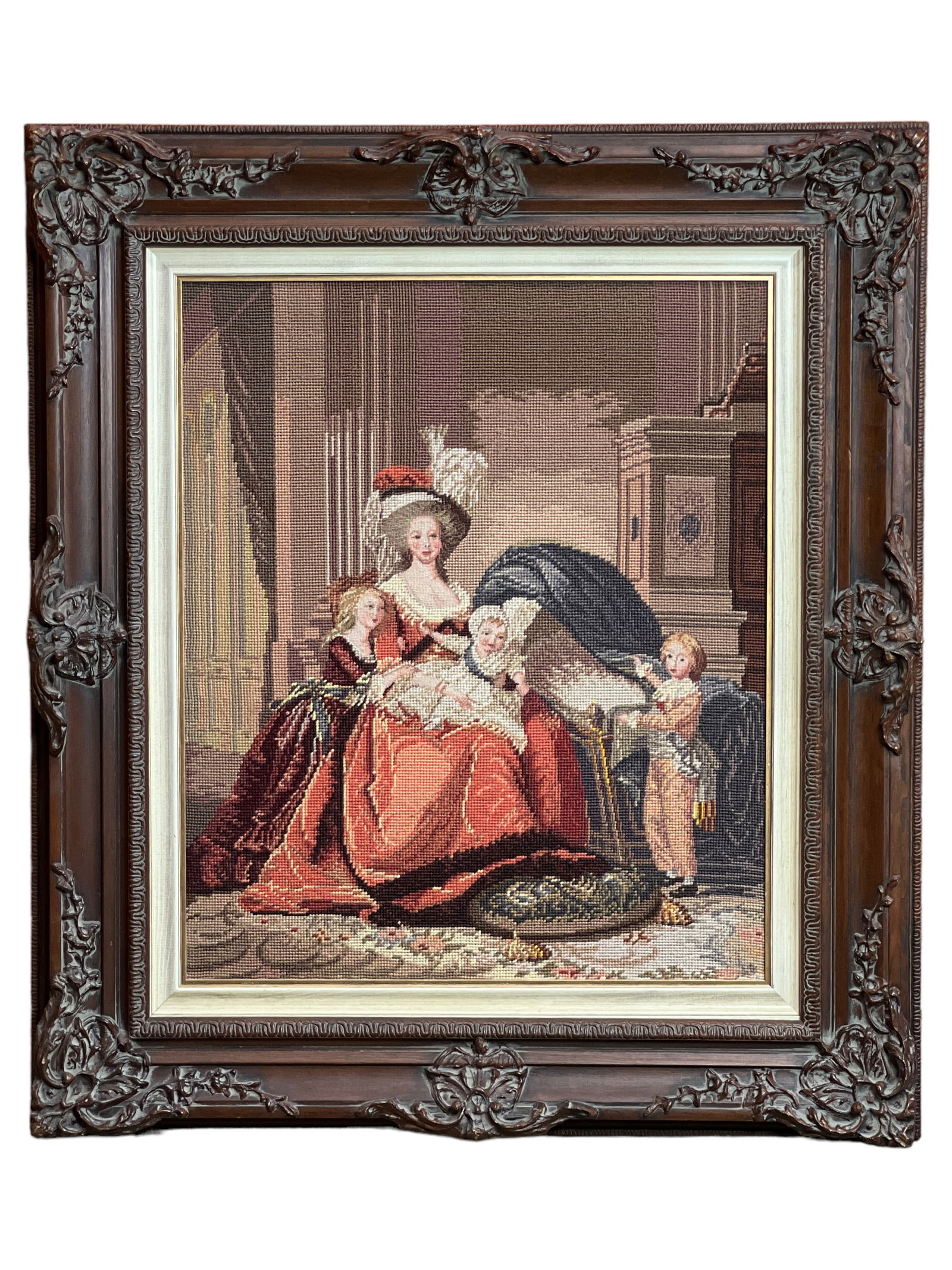 French Large Tapestry Cross Stitch Mother and Boys: French Large Tapestry Cross Stitch Mother and BoysH : 34 in ( 86.36 cm ) W : 29 1/4 in ( 74.3 cm )