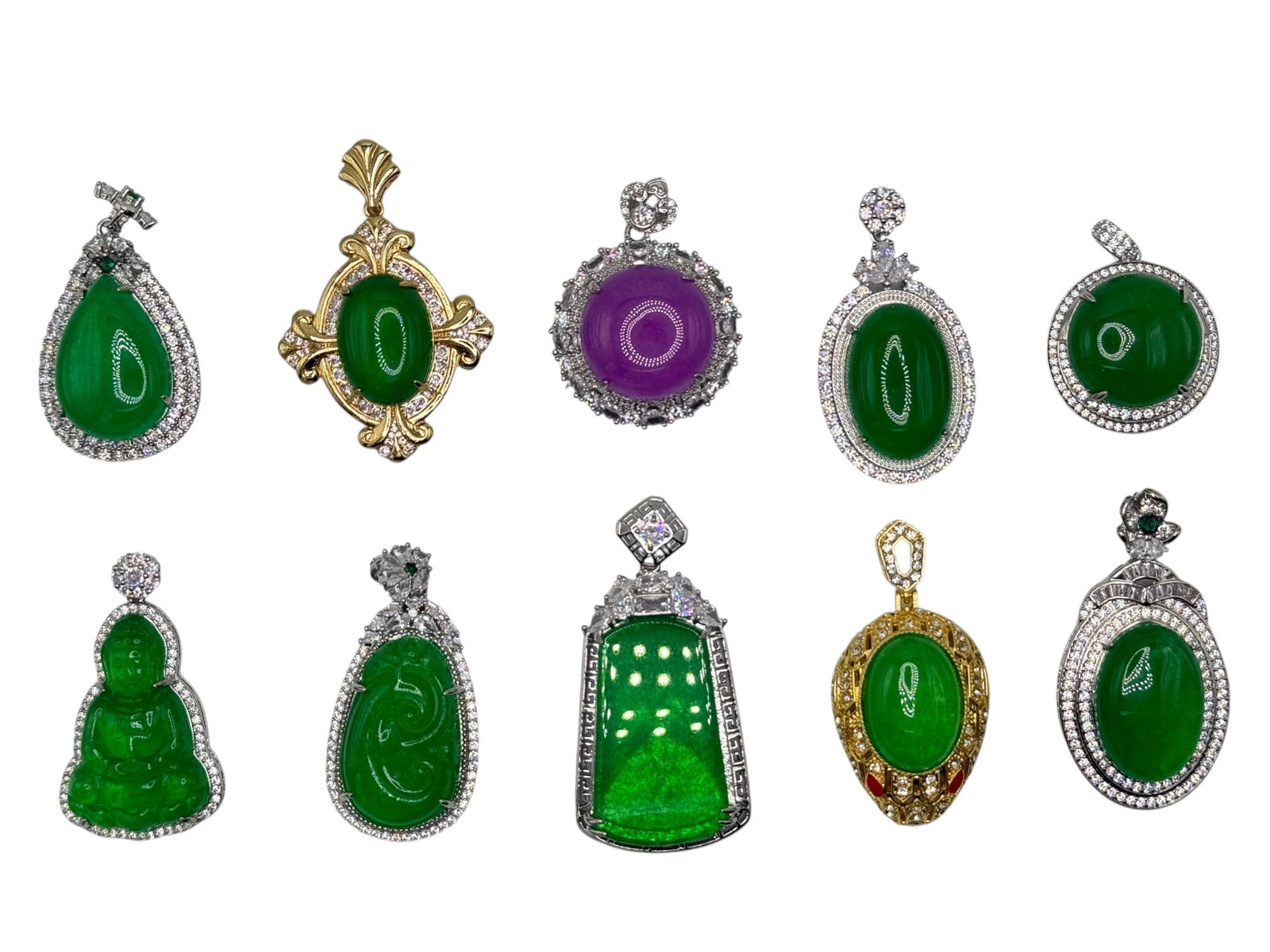 Set of 10 Green /Purple Stone Pendant Necklaces (1 of 3)