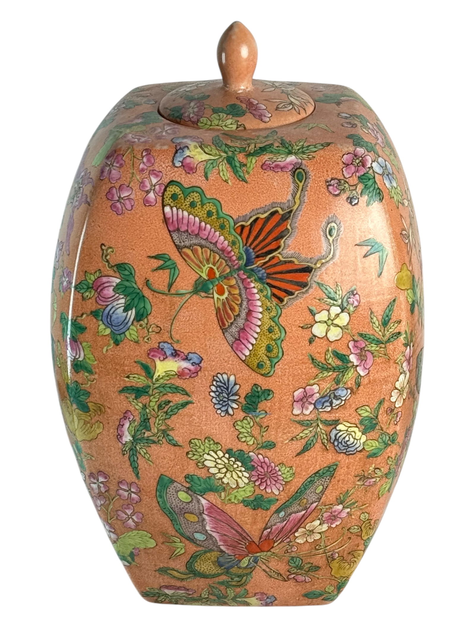 Orange Butterfly Jar with Lid: Orange Butterfly Jar with LidH : 13 1/2 in ( 34.29 cm ) W : 8 1/2 in ( 21.59 cm ) L : 8 1/2 in ( 21.59 cm )