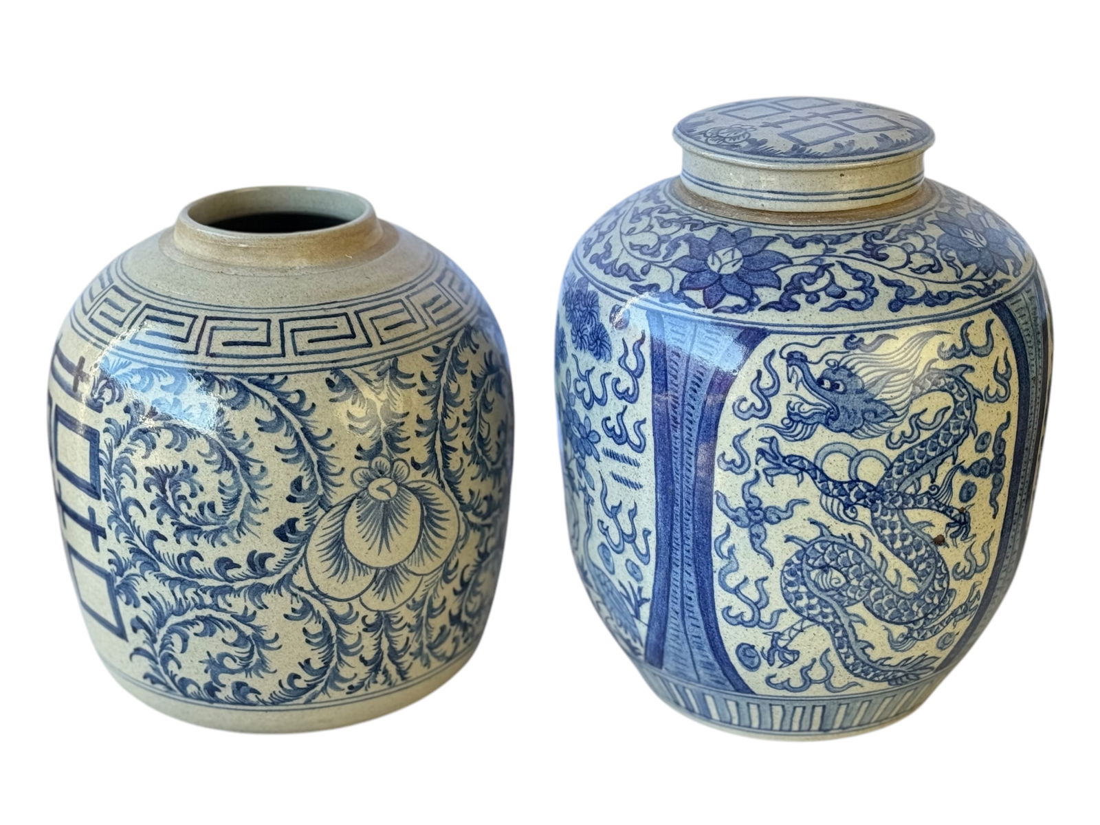 Two Vietnamese Blue and White Jars: Two Vietnamese Blue and White JarsH : 11 in( 27.94 cm ) W : 9 3/4 in ( 24.77 cm)