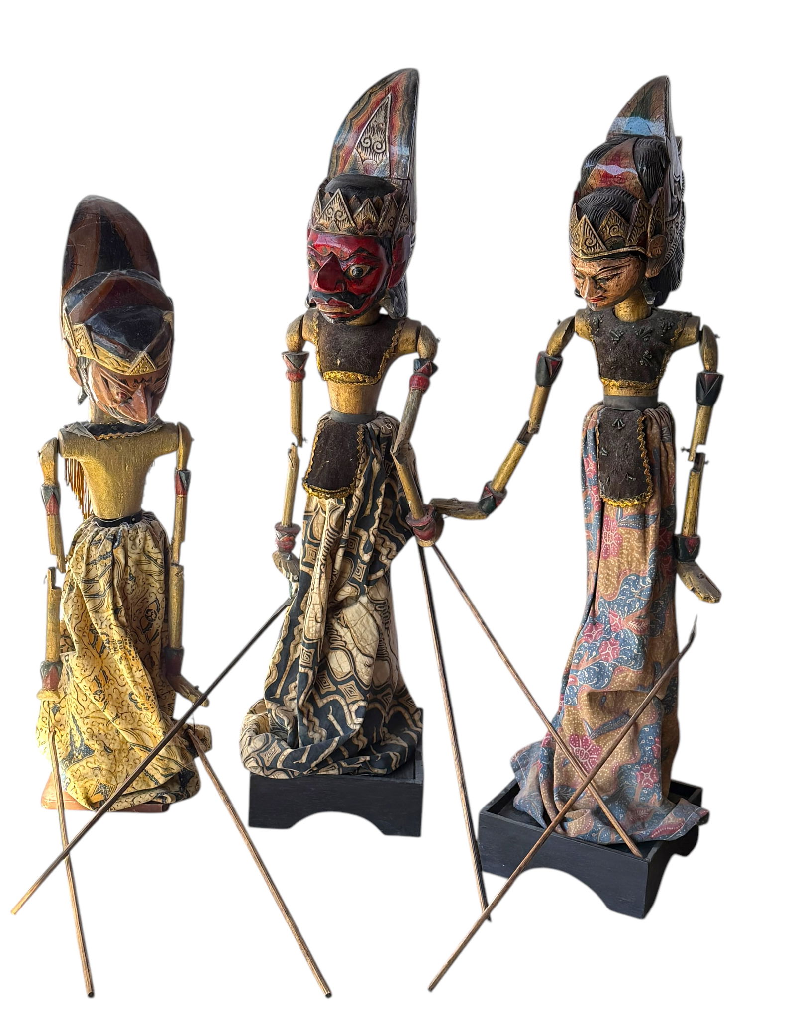 Two Indonesia Wayang Golek Marionette Puppets: Two Indonesia Wayang Golek Marionette PuppetsTwo Indonesia Wayang Golek Marionette Puppets H:25 1/2 inches (64.77 cm) W: 6 1/8 inches (15.56 cm) D: 6 1/8 inches (15.56 cm)