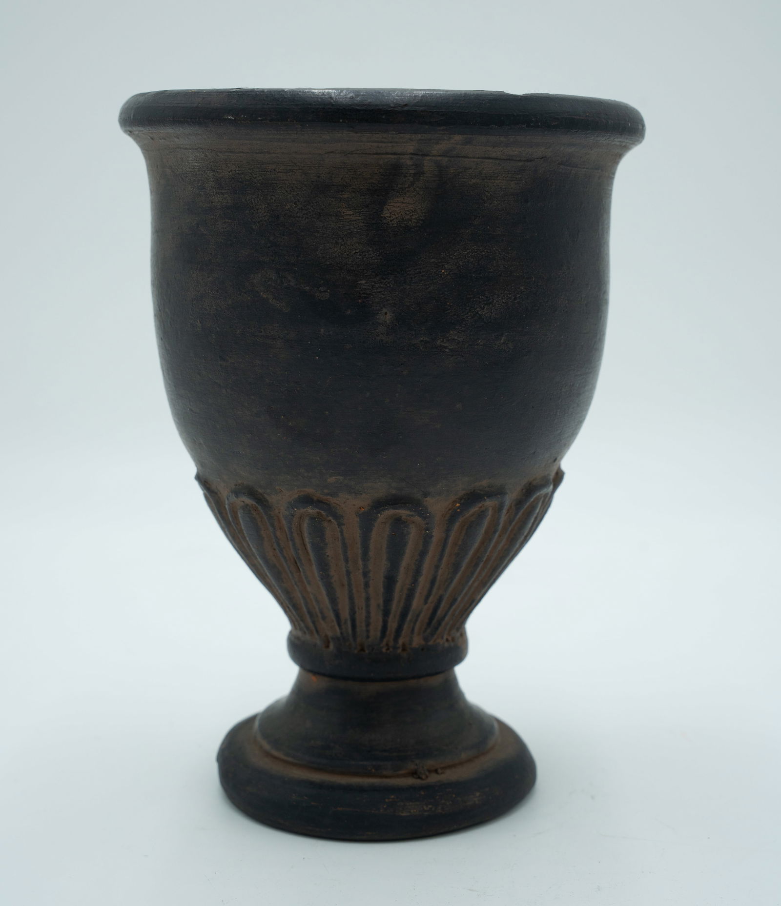 Black Terracotta Goblet with Fluted Design: Black Terracotta Goblet with Fluted DesignH: 7 3/4 inches W: 5 3/4 inches