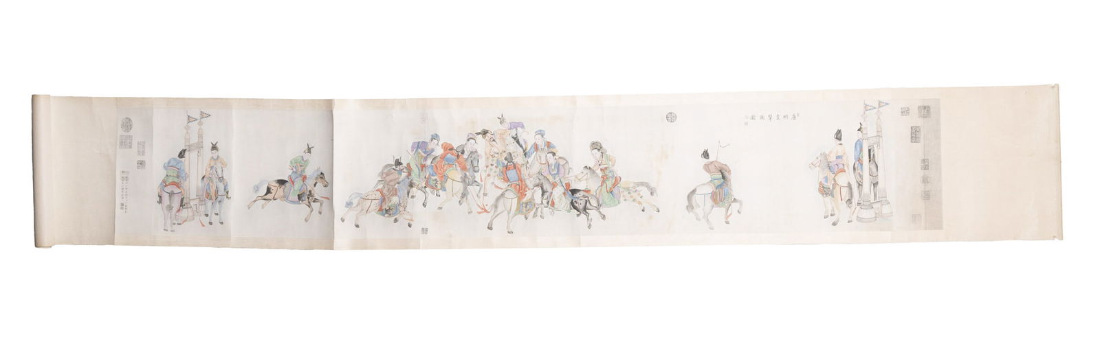 Chinese Painting scroll, Polo Scene of Emperor Xua: Chinese Painting scroll, Polo Scene of Emperor XuaChinese Painting scroll, Polo Scene of Emperor Xuanzong, Ink and Color Overall Size: H: 12 1/2 inches, W: 100 inches Image Size: 10 3/4 inches W:68