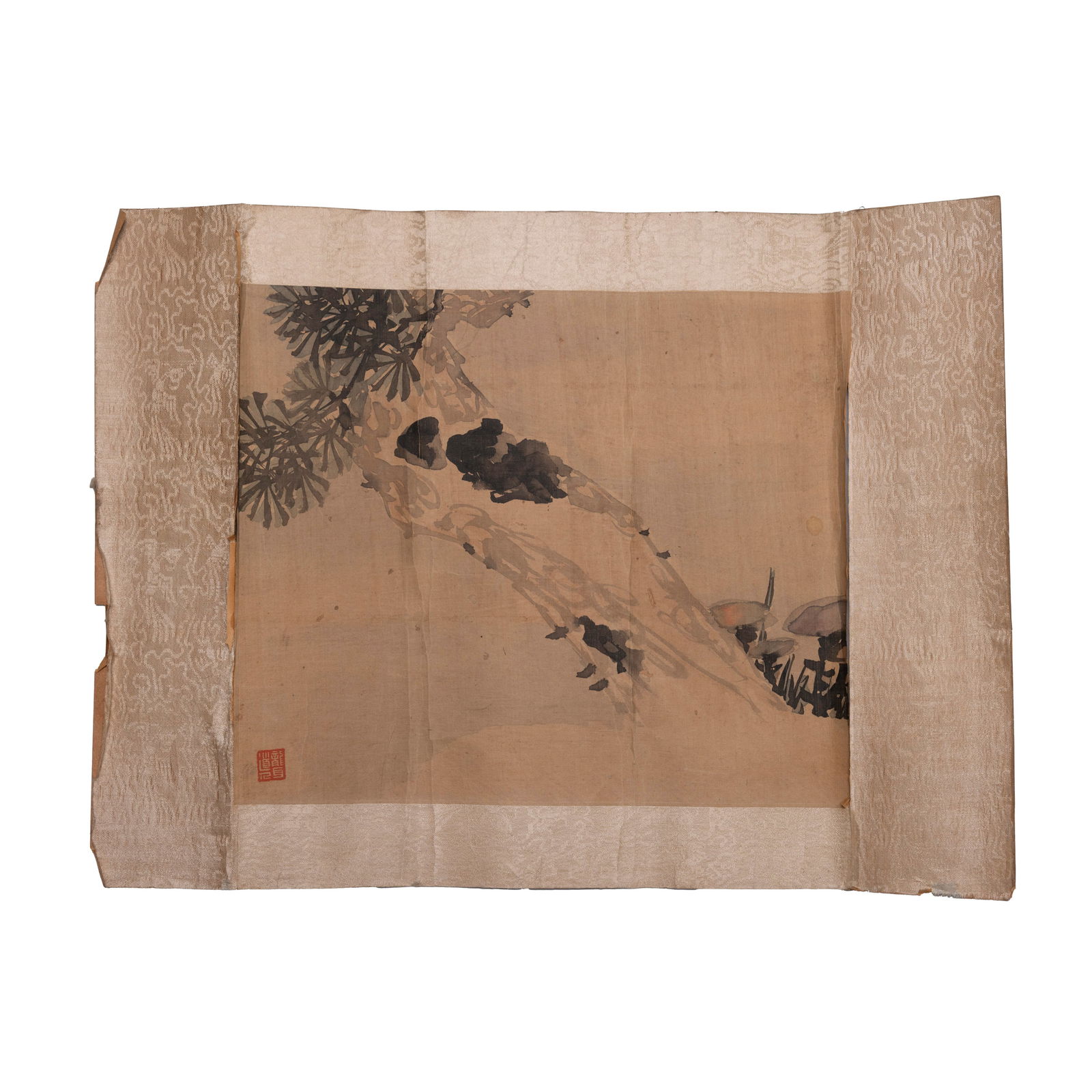 Chinese Ink Painting on Paper, Silk-Brocade Mount,: Chinese Ink Painting on Paper, Silk-Brocade Mount,Chinese Ink Painting on Paper, Silk-Brocade Mount, Red Seal, Bamboo/Branch Motif Scroll H: 19 inches W: 14 inches