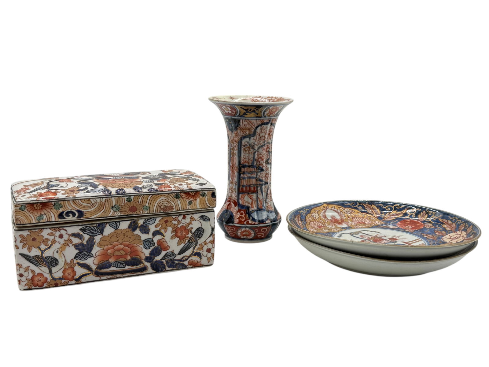A Group of Four Japanese Imari Porcelains: A Group of Four Japanese Imari PorcelainsBox: H: 3 7/8 inches W: 8 3/8 inches D: 4 1/4 inches Dish: H: 1 inches H: 8 3/4 inches Vase: H: 7 1/4 inches , W: 4 1/4 inches