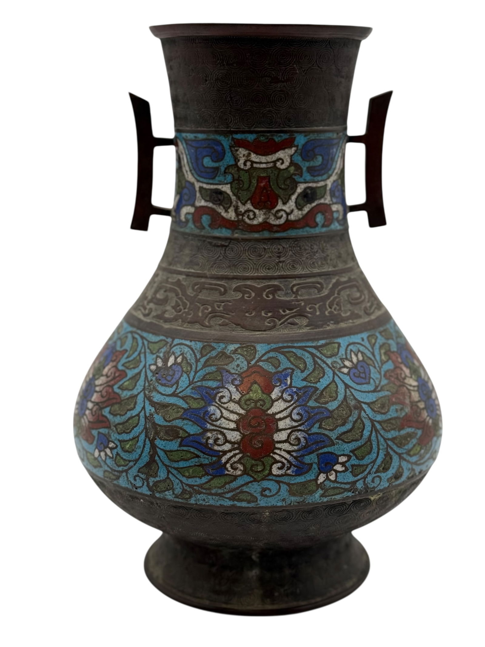 A Chinese Cloisonné Vase with Floral and Mask Moti: A Chinese Cloisonné Vase with Floral and Mask MotiA Chinese Cloisonné Vase with Floral and Mask Motifs H: 12 1/2 inches W: 8 1/2 inches
