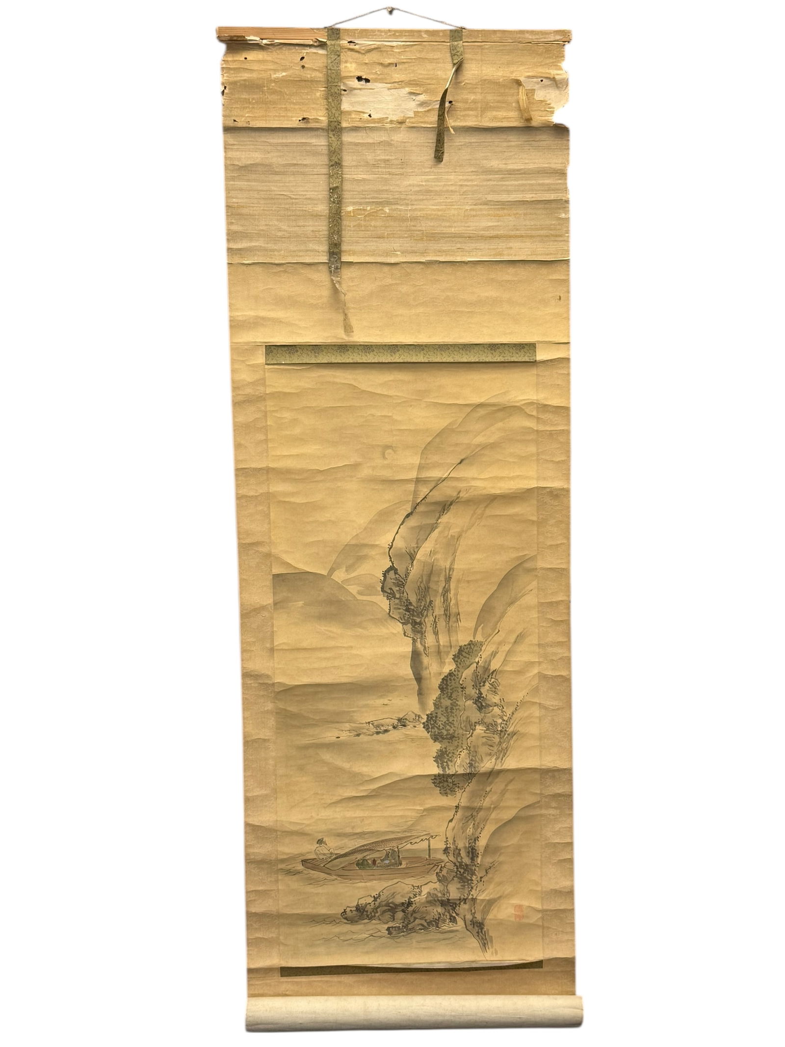 A Chinese Hanging Scroll, Ink and Light Color on P: A Chinese Hanging Scroll, Ink and Light Color on PDepicting a boatman beneath steep mountain cliffs, mounted as a hanging scroll. Frame: 65 inches 23 inches Painting 42 inches 18inches