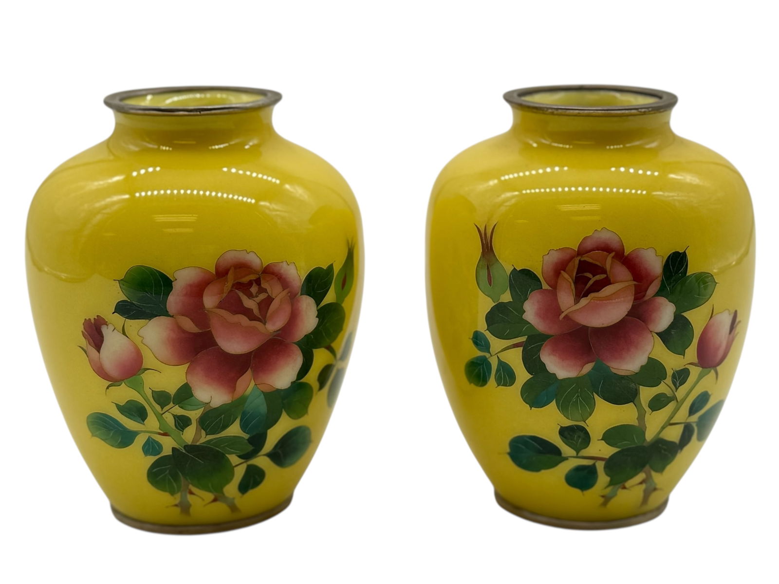 A Pair of Japanese Yellow-Ground Cloisonné Vases: A Pair of Japanese Yellow-Ground Cloisonné VasesH: 5 inches W: 4 inches